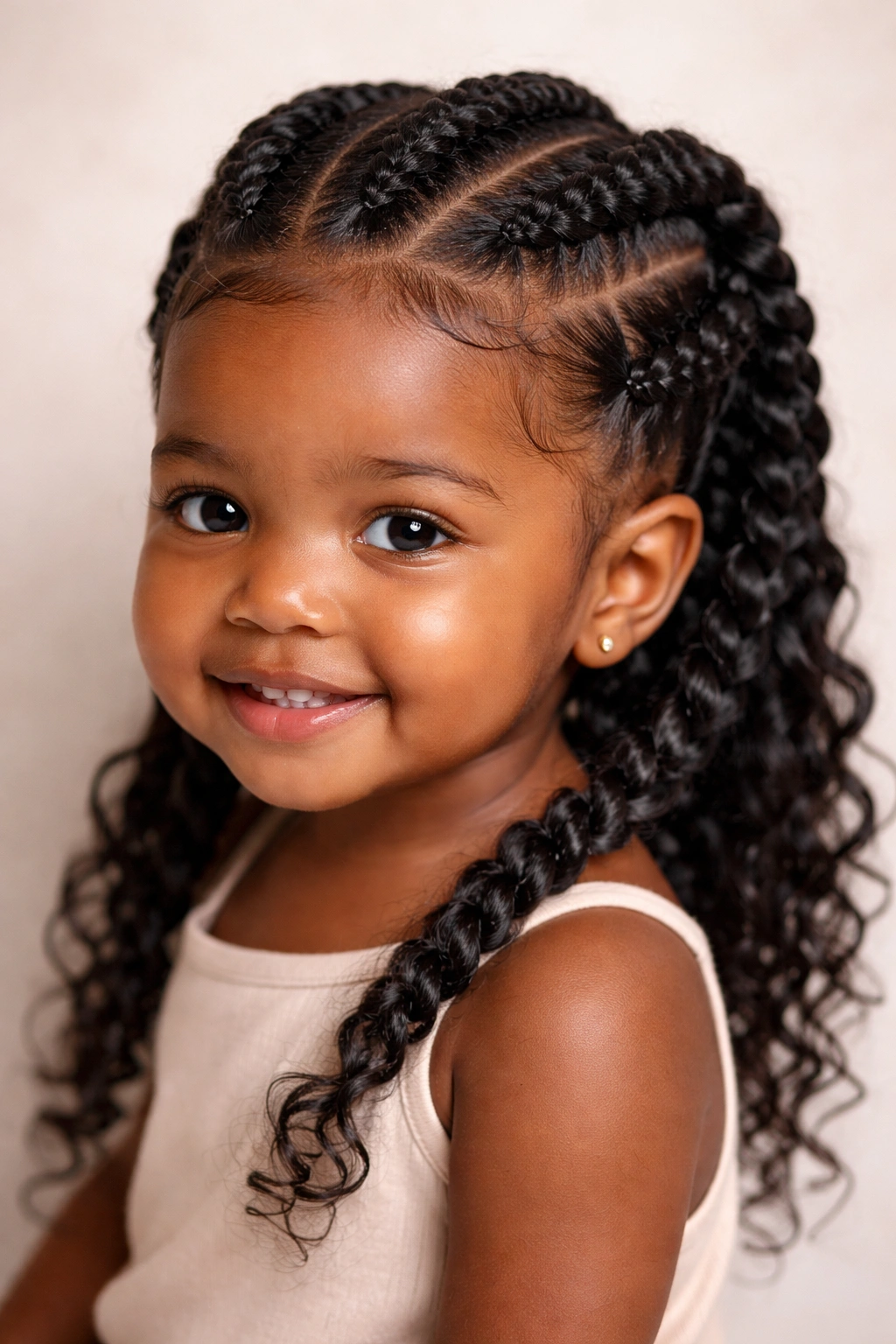 Close-up of toddler with large goddess braids