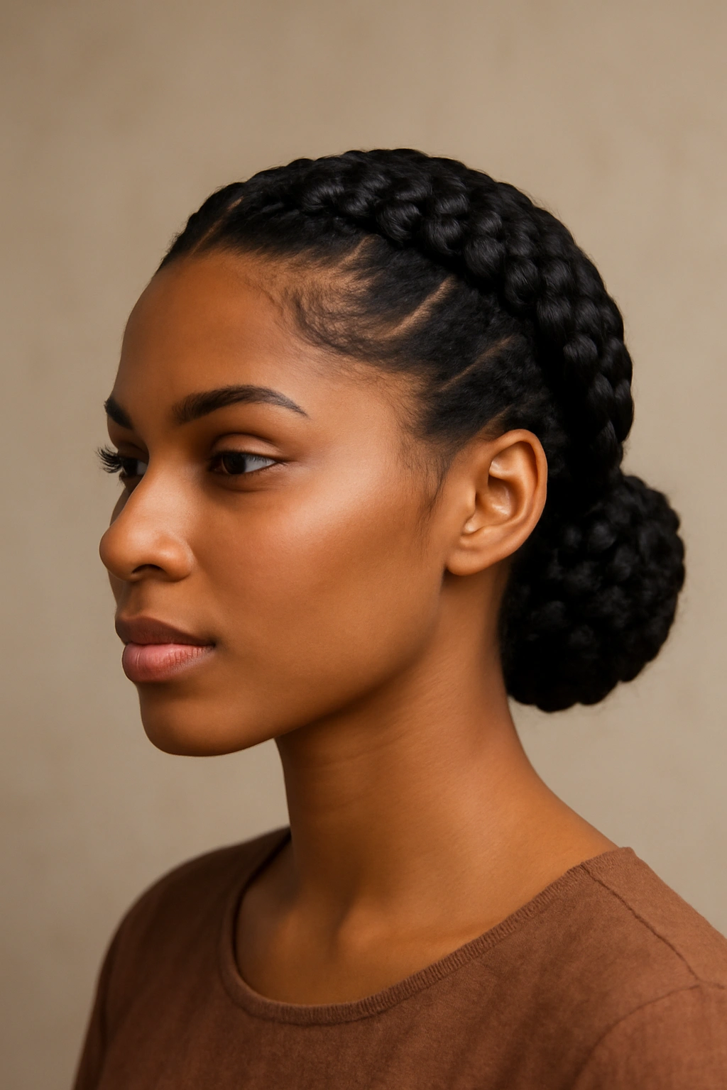 10 Pretty Natural Hair Updos for Special Occasions 7 Goddess braids upstyle with thick Dutch braids framing the face into a low bun