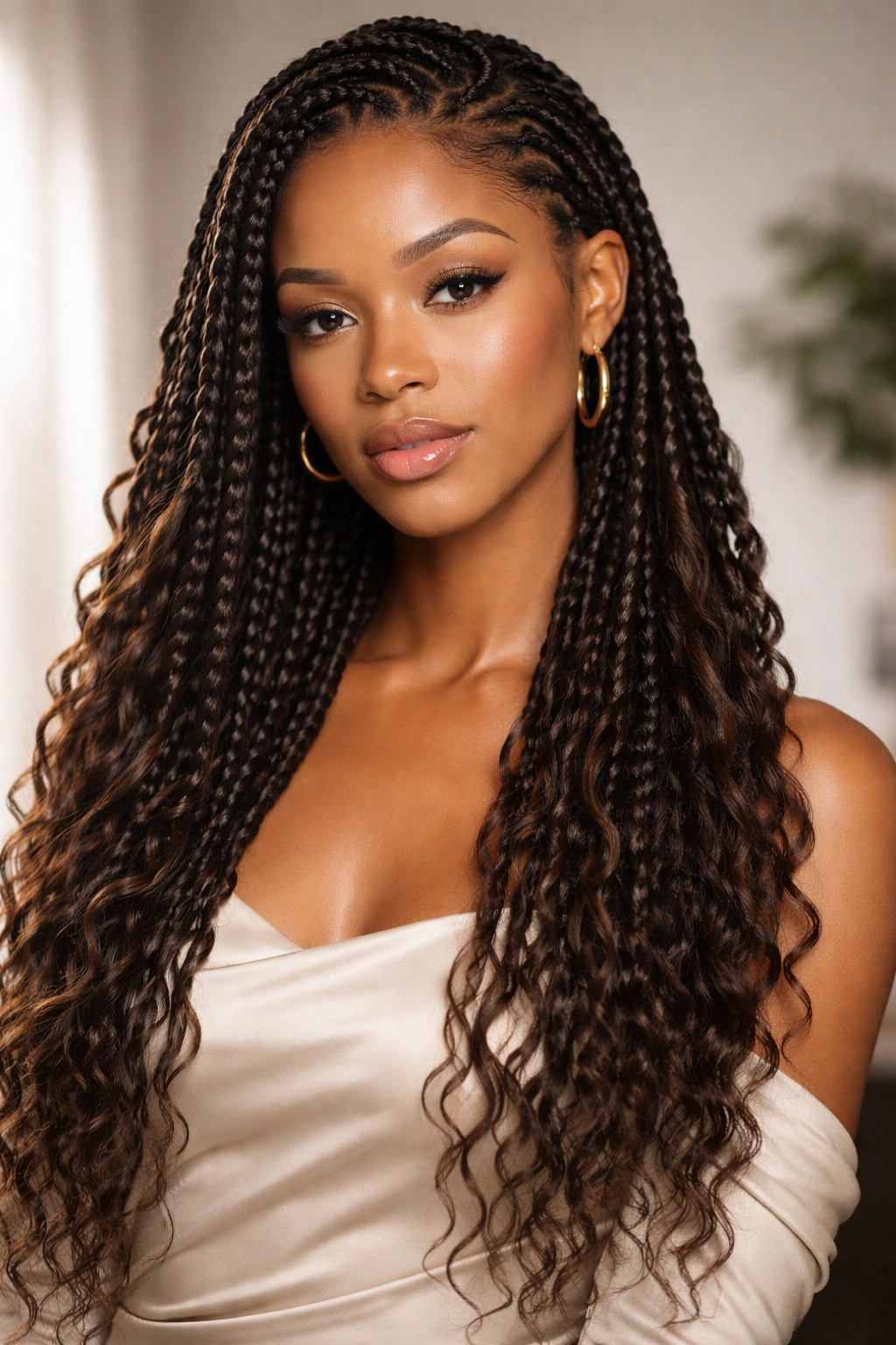 Elegant goddess knotless braids with tapered roots and flowing texture