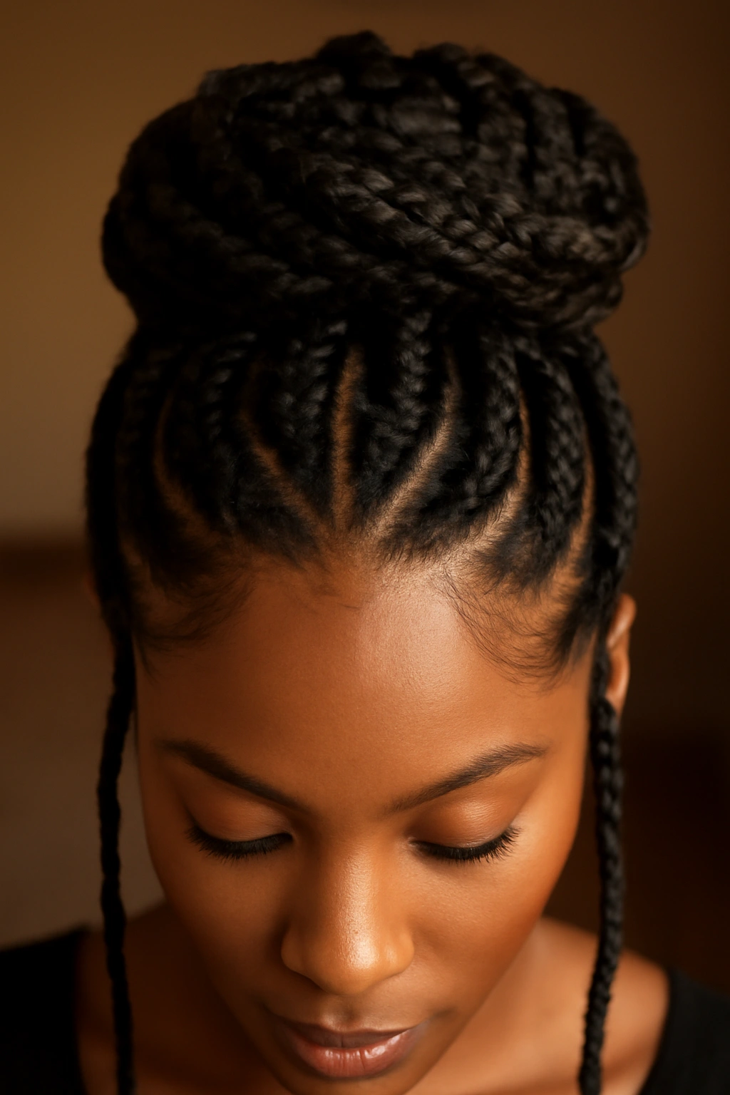 15 Knotless Braid Styles Black Women Are Wearing Now 1 Close-up of thick goddess knotless braids styled into a crown halo with metallic accents