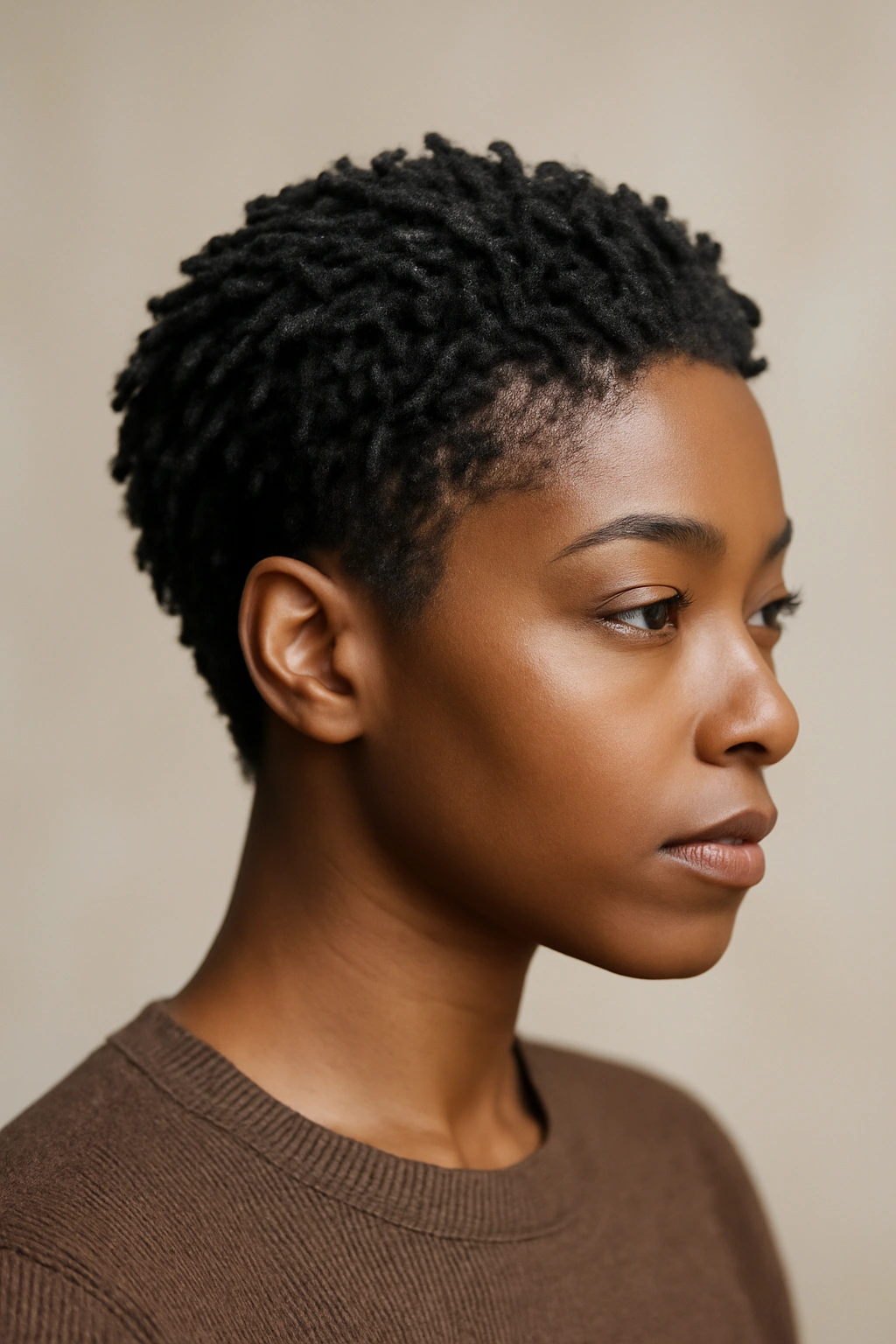 30 Short Haircuts for Black Women 29 Close-up of a Black woman's head with a goddess loc crop of dense micro locs.
