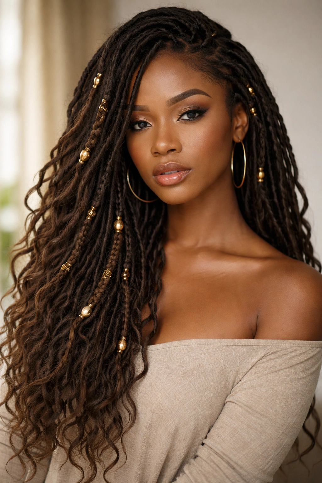 12 Crochet Hairstyles Black Women Are Rocking Now 1 Close-up of goddess locs with beaded wrapping on a model