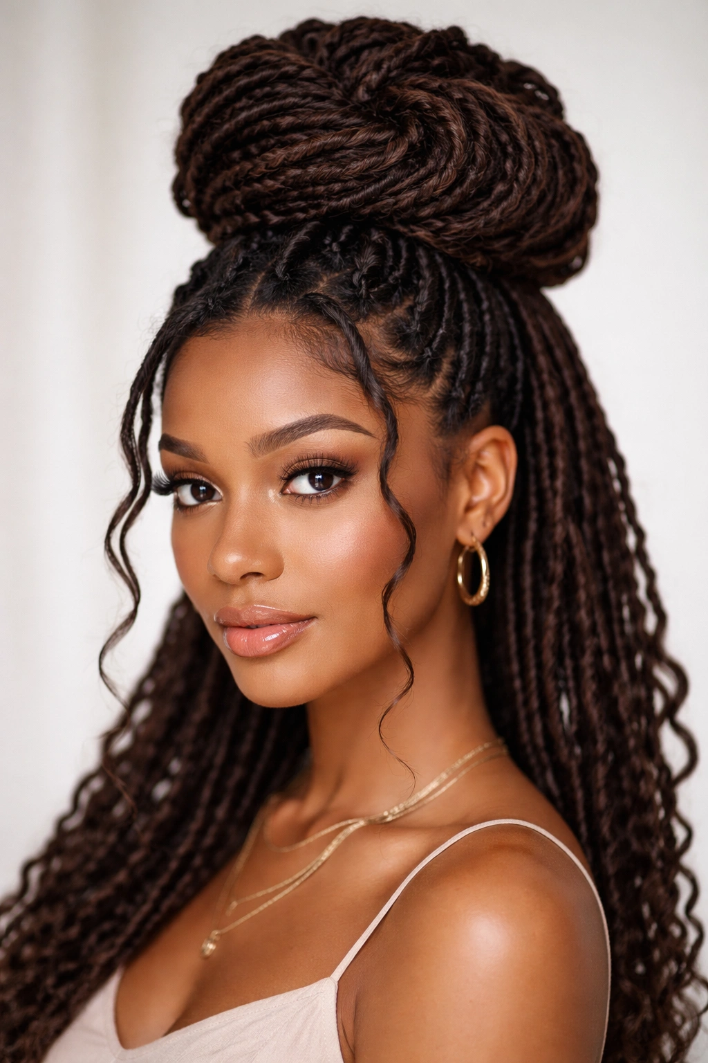 Crown bun of thick goddess locs at crown