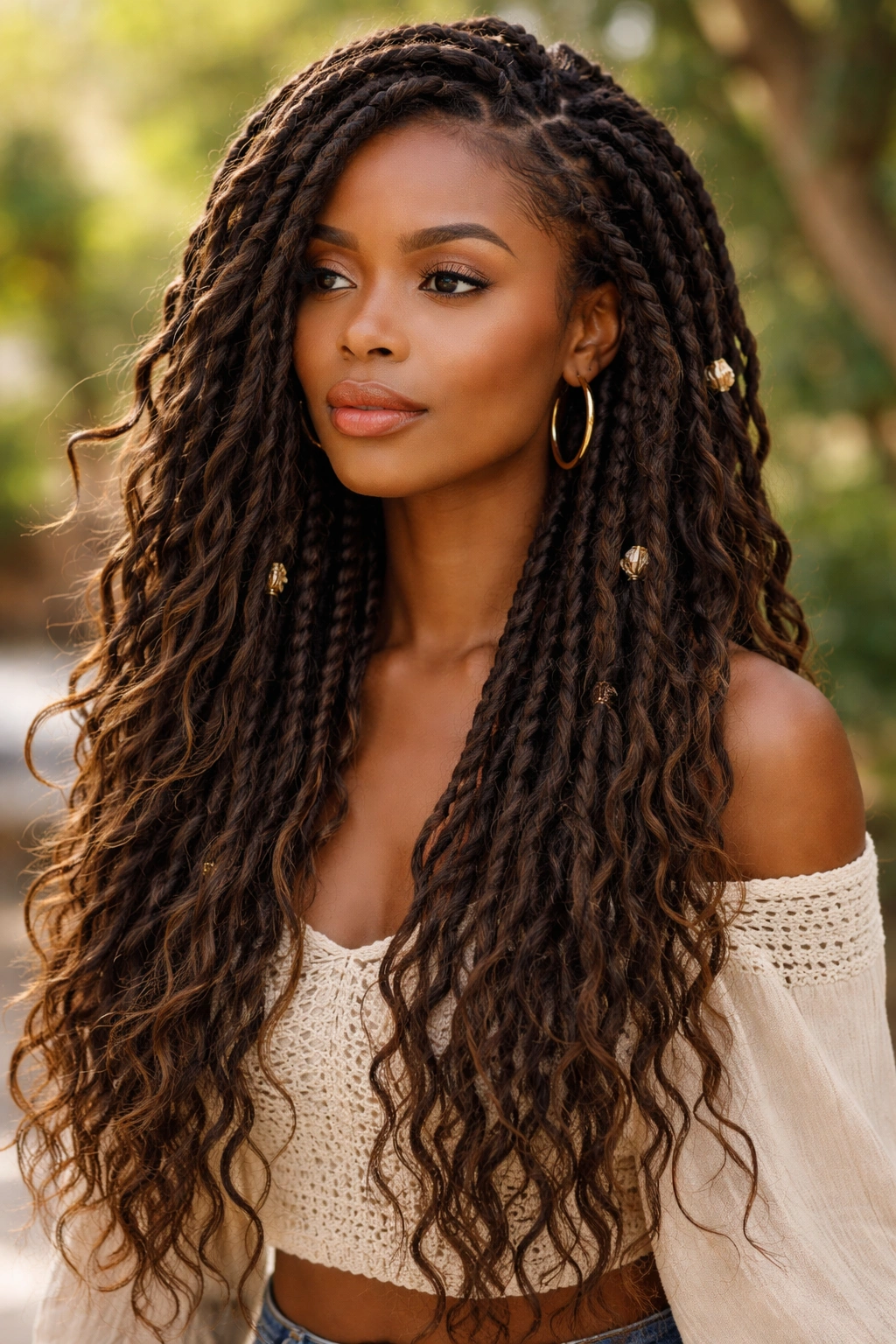 20 Loc Styles For Every Length From Short To Waist 17 Side view of thick goddess locs with loose texture and extensions