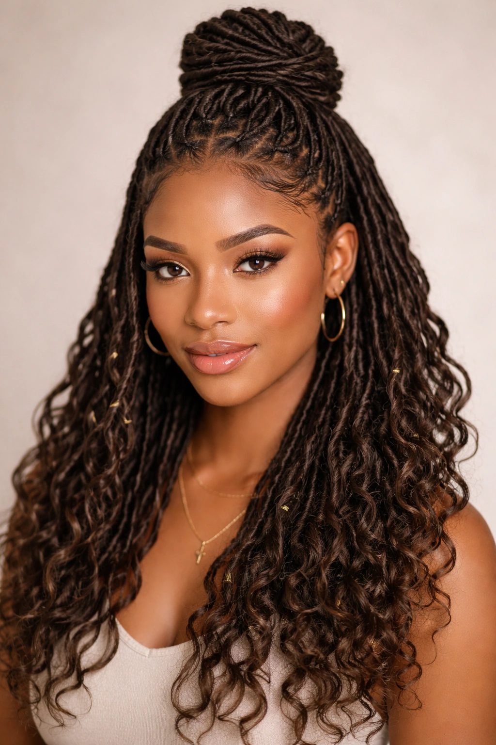 Close-up of Half-Up, Half-Down Goddess Locs showing a polished top knot and flowing lower locs