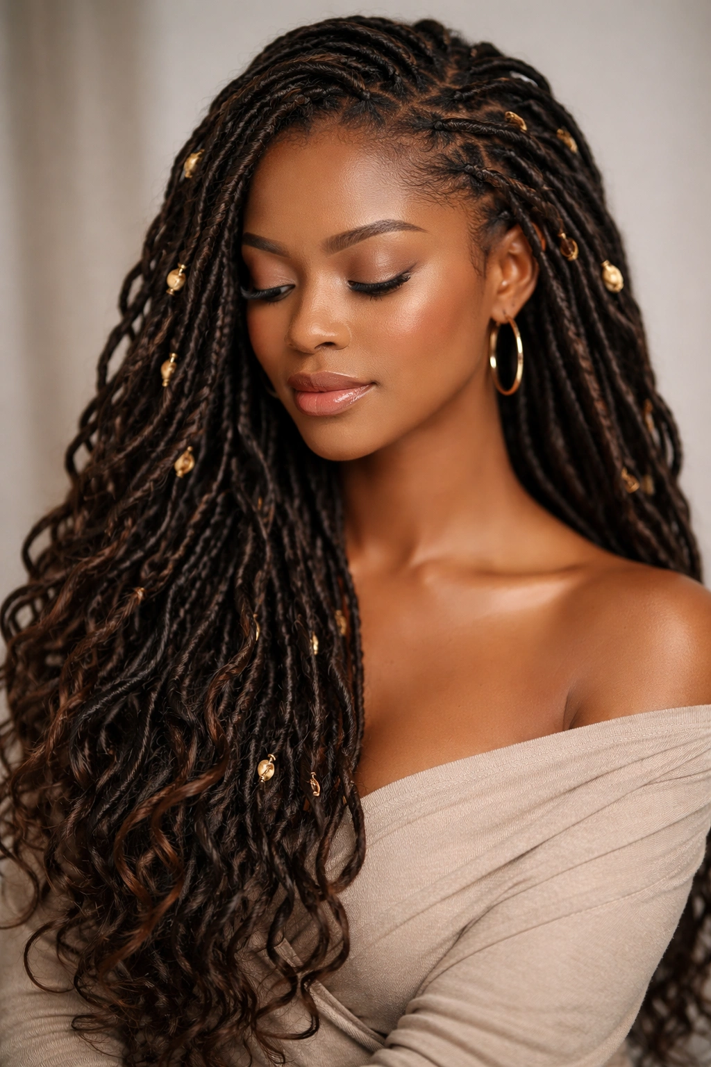 Serene portrait of a person with long goddess locs in a neutral studio, highlighting hair texture and styling.