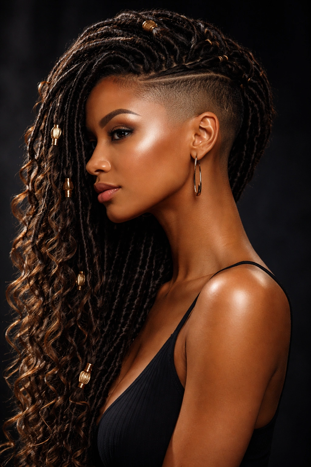 Goddess Locs with shaved sides showing voluminous top locs and exposed scalp silhouette