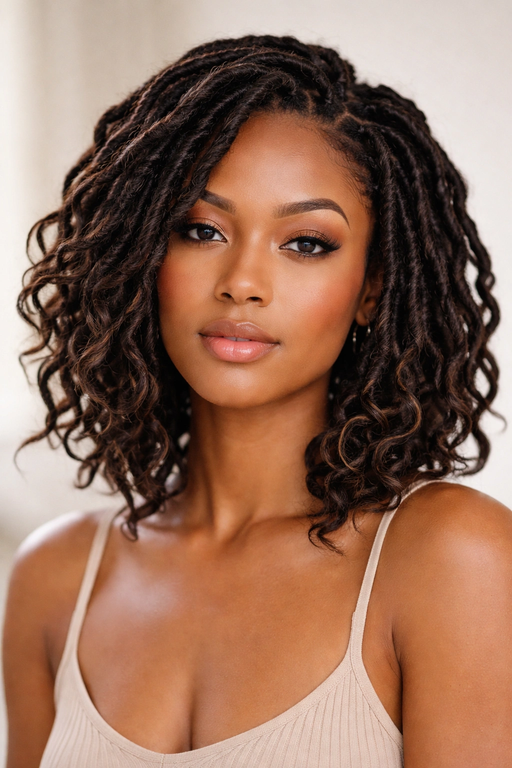 Close-up of short goddess locs with loose waves and large-diameter texture.