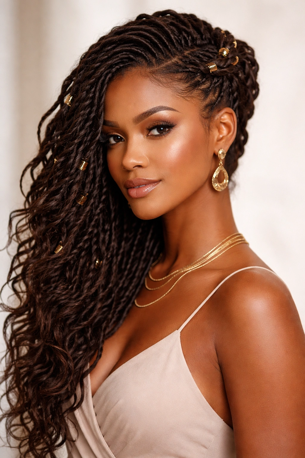 Side-swept crown goddess locs with flowing side