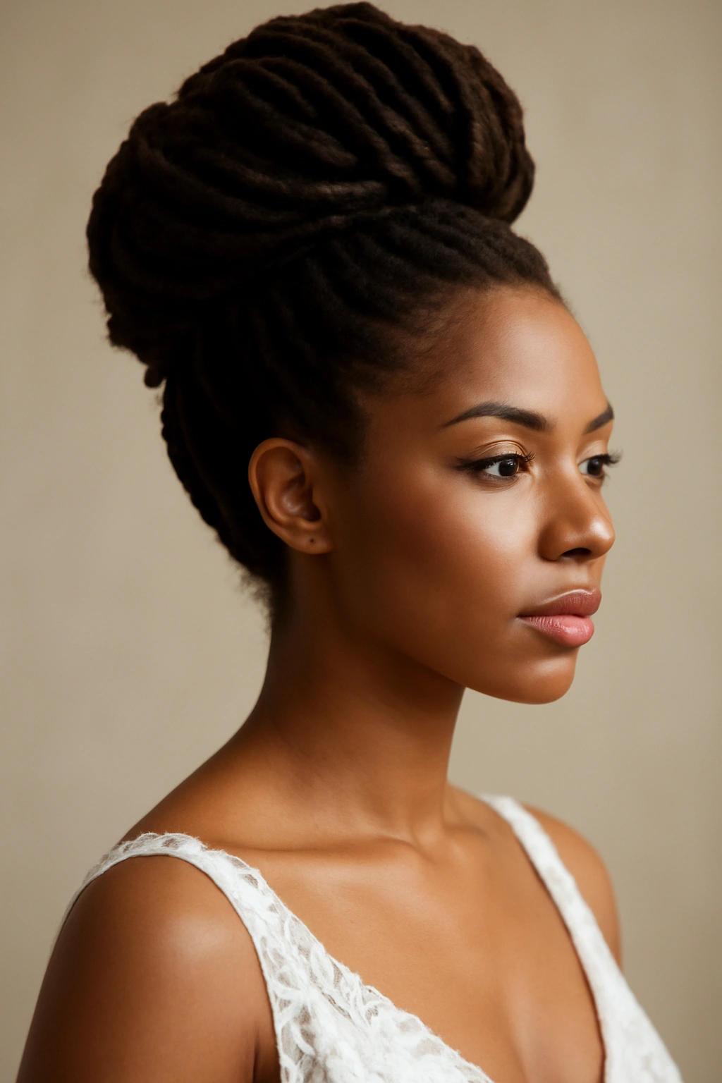 12 Stunning Bridal Hairstyles for Black Women 2 Close-up of a high goddess locs updo with elevated crown.