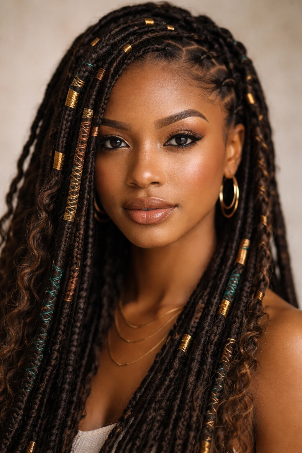 8 Goddess Loc Styles For Medium And Long Hair 1 Close-up of goddess locs with colorful thread wraps and defined sections