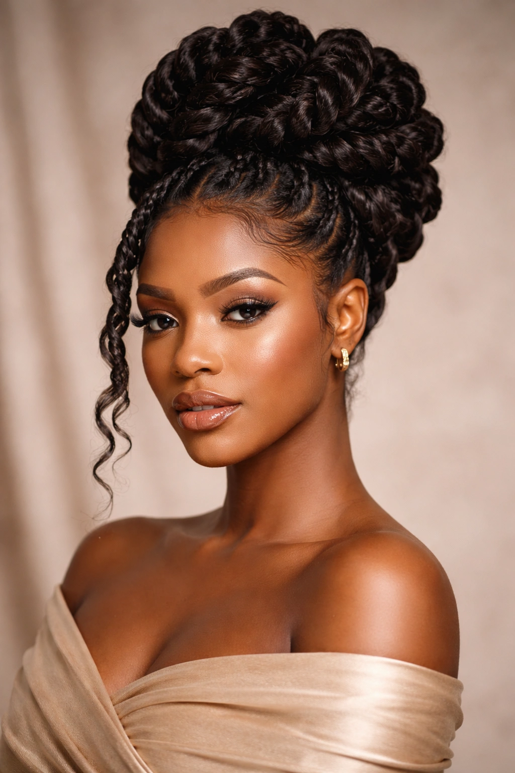 Goddess twists hairstyle with large thick twists styled into an updo.