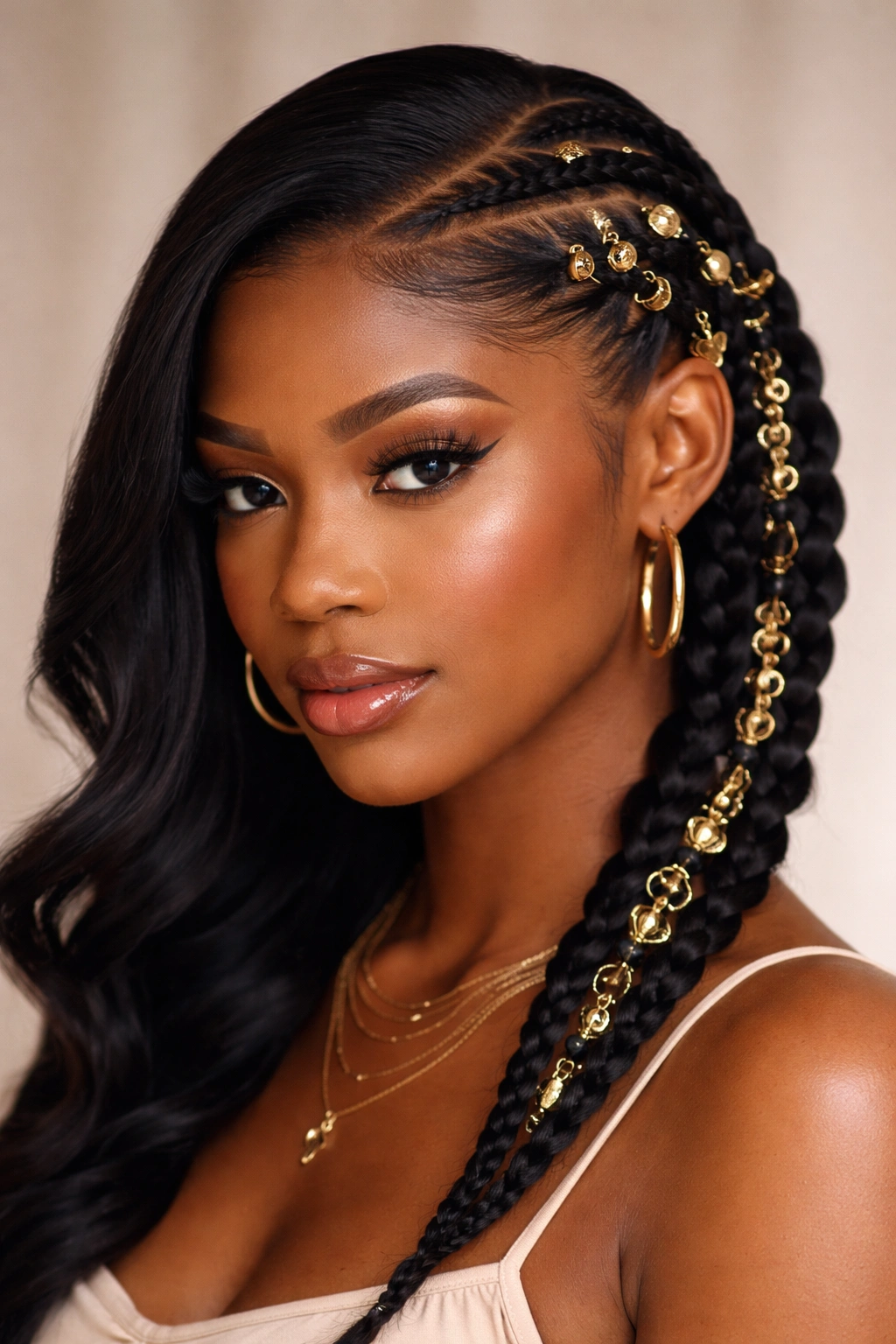 Two braids with gold accessories along a deep side part on a Black woman