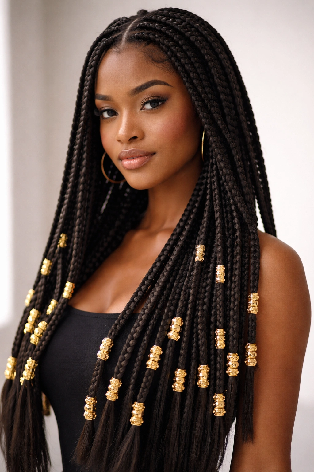 Close-up of gold bead box braids with beads along the length