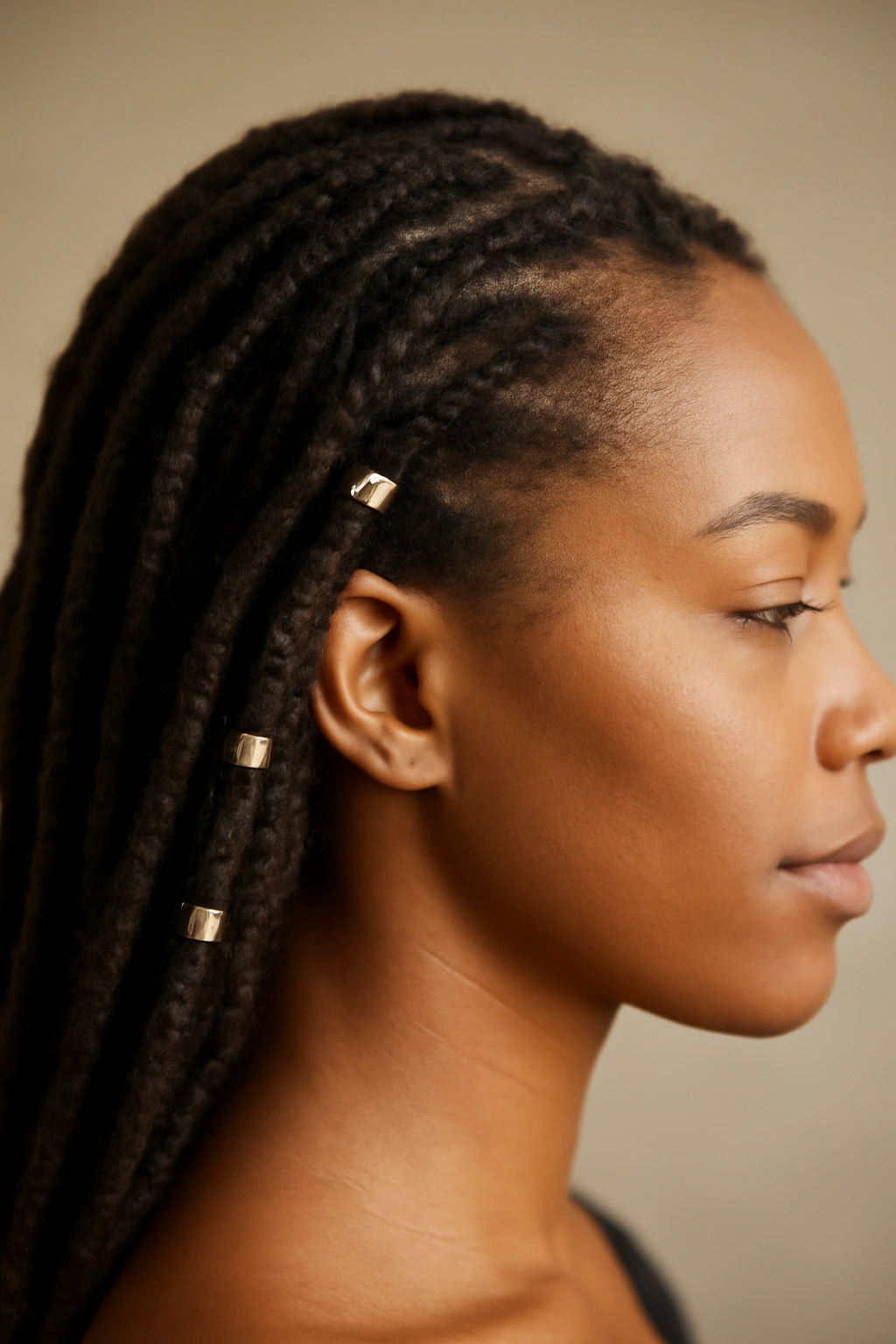 15 Loc Hairstyles That Work for Both Office and Play 8 Locs with gold cuffs close-up showing metallic bands on locs