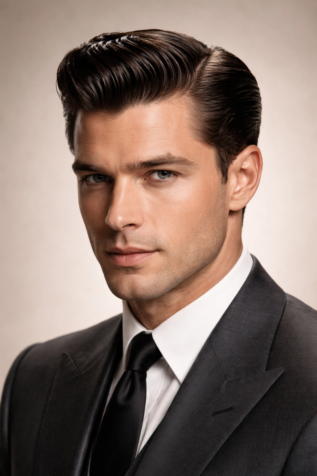 Close-up of a man with glossy grooming hairstyle and clean shave