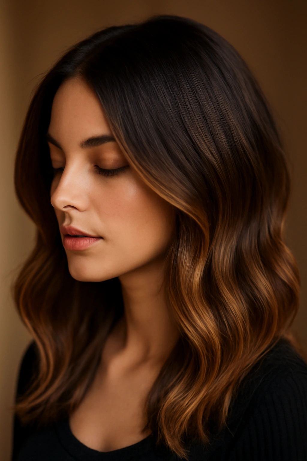 15 Dark Chocolate Hair Ideas That Look Rich and Luxurious on Every Skin Tone 14 Hair with dark chocolate roots fading to golden midlengths under warm lighting