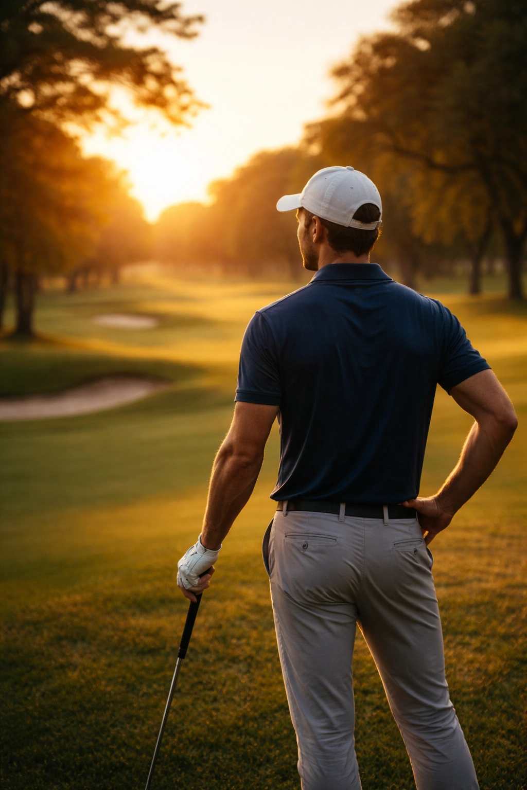 Contemplative golfer on fairway at sunset
