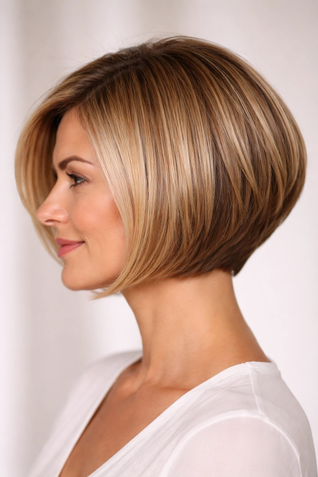 Three-quarter view of a graded bob with a smooth back-to-front gradation