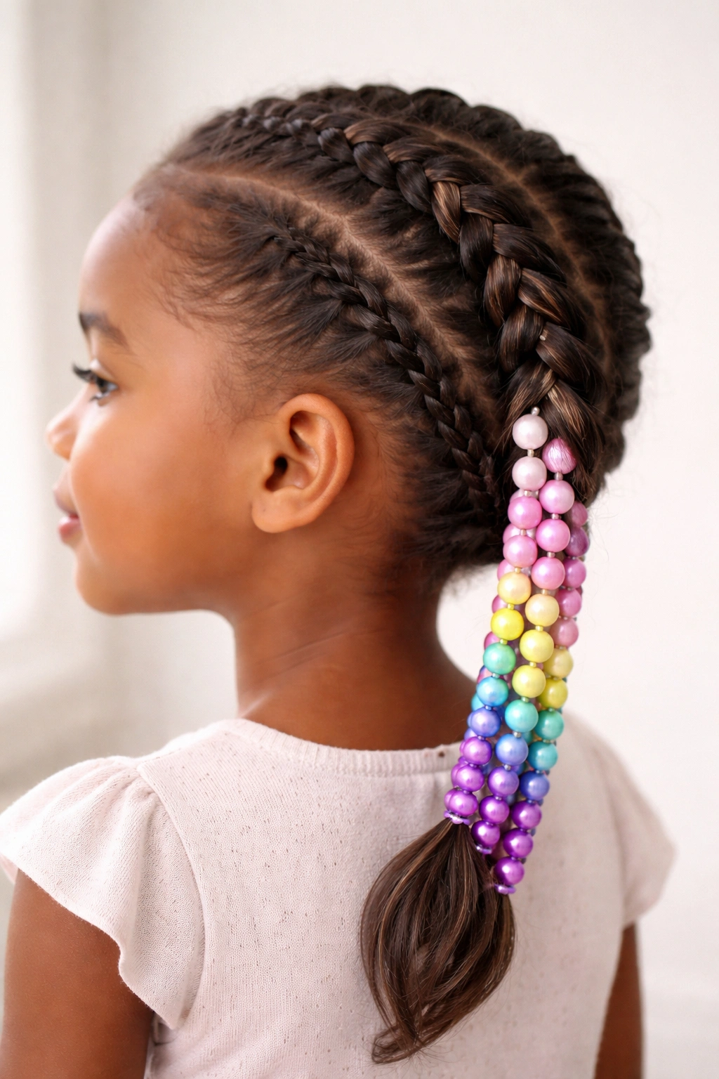 Close-up of a French braid with a gradient bead pattern along the braid