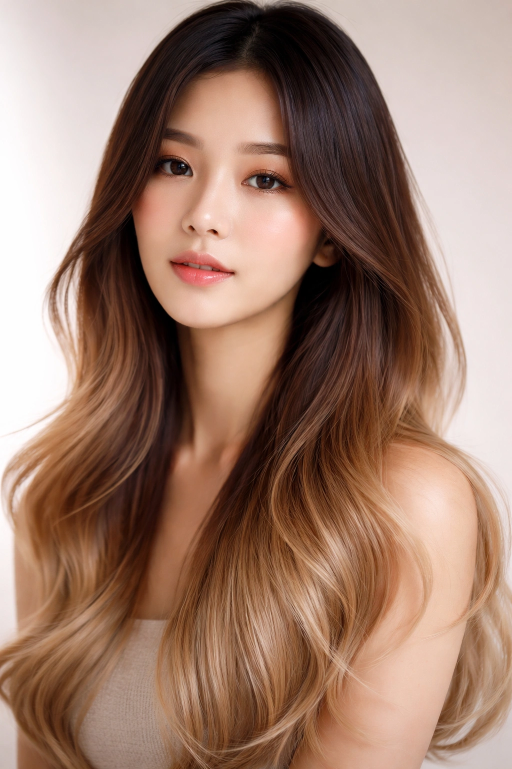 Portrait of hair with gradient coloring from dark roots to light ends, showing dimensional fade.