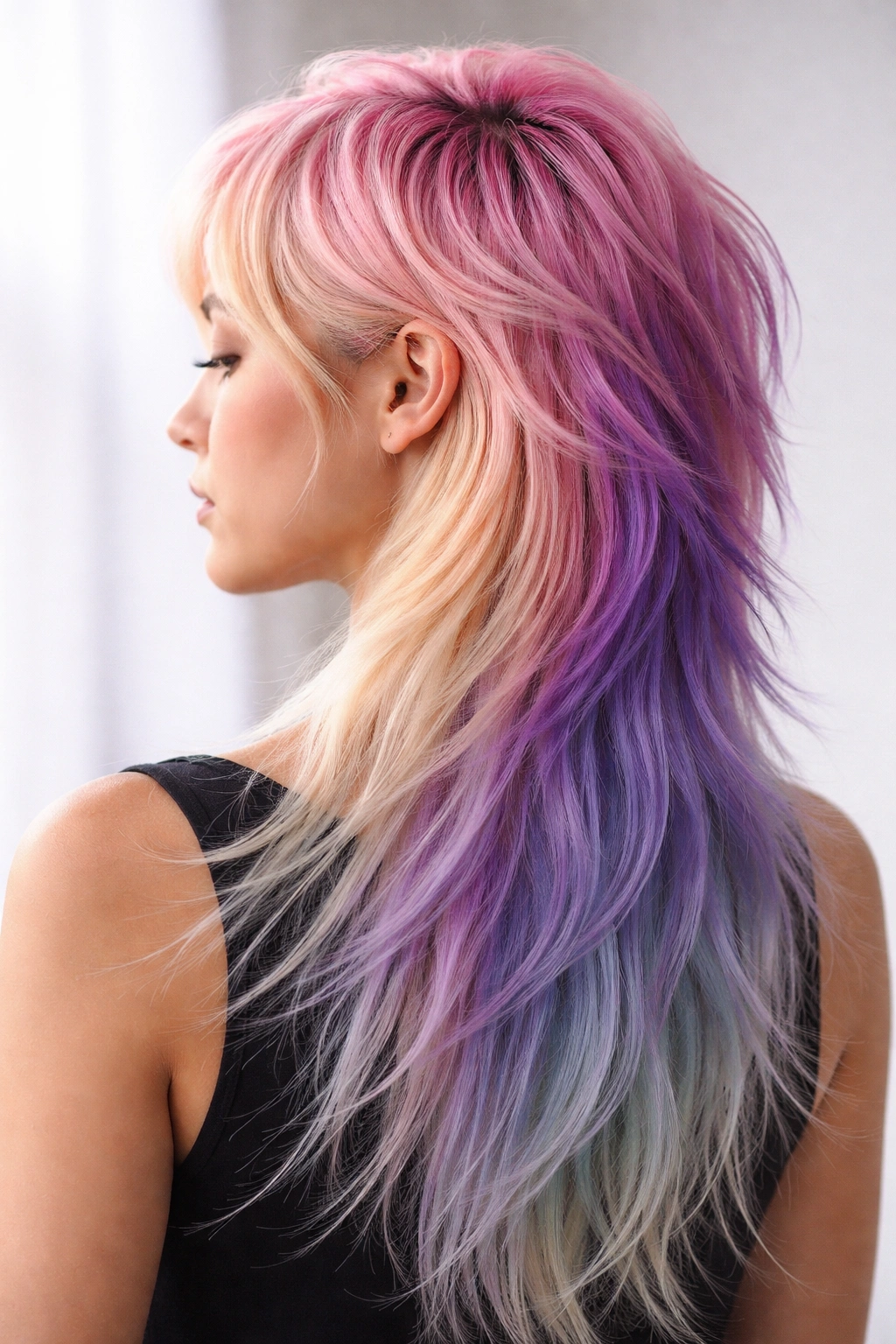 Long mullet hairstyle with colorful gradient from crown to back in pastel tones
