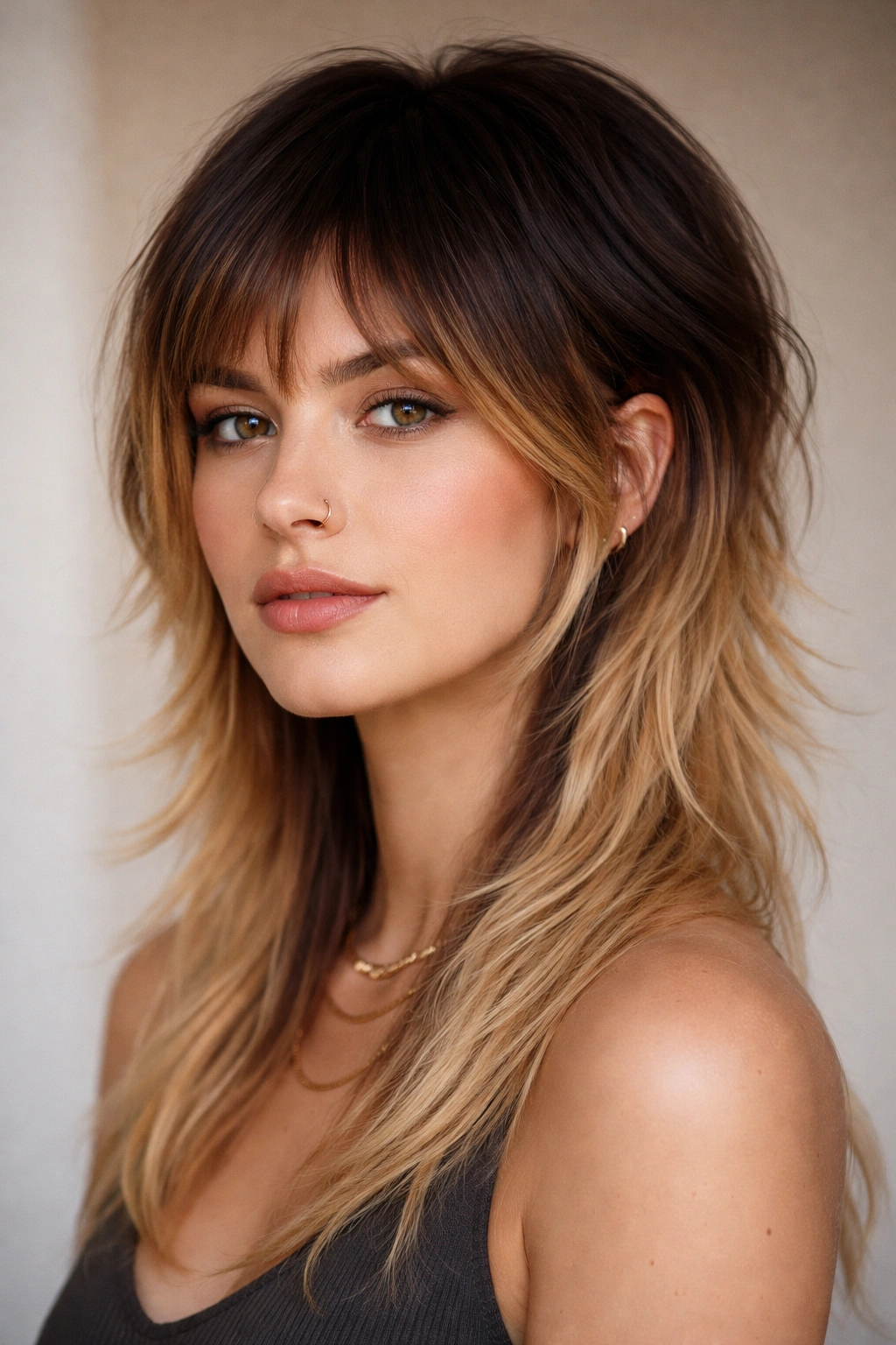 25 Women's Mullet Haircuts You'll Actually Love 29 Close-up of a person with a gradient mullet from dark roots to light ends, highlighting dimensional color