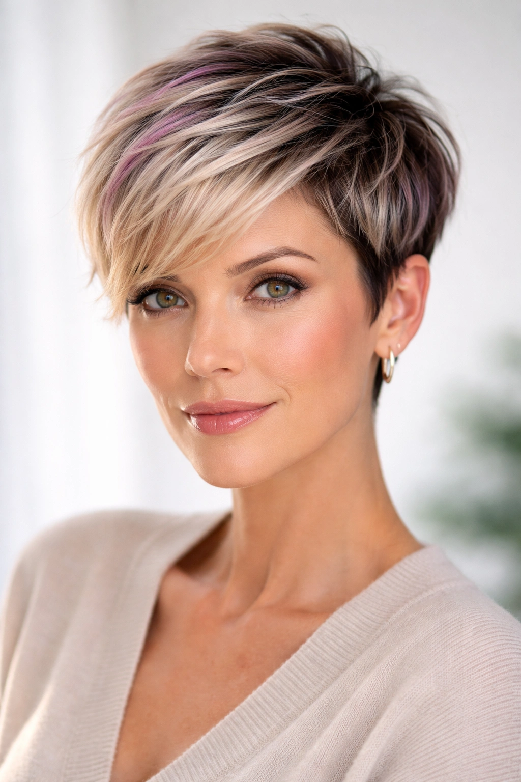 Close-up of gradient colored pixie showing root-to-tip color transition.