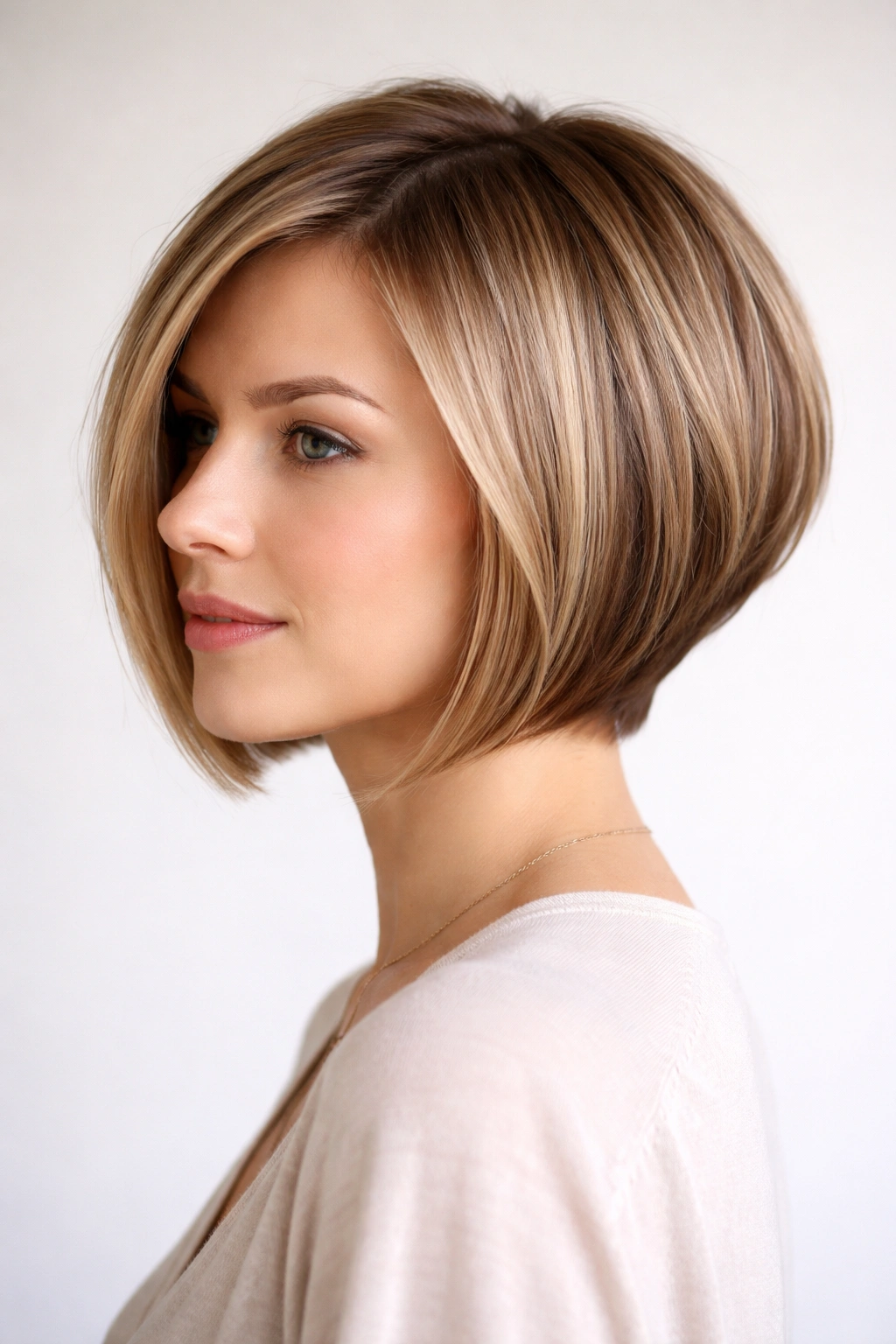 Front-back graduated bob with longer front and shorter back in a studio portrait