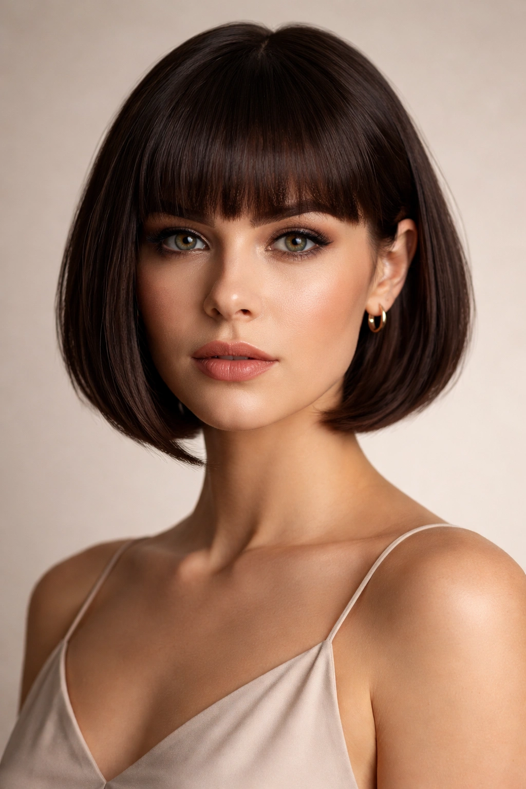 Close-up of a model's hair showing a graduated bob with blunt bangs on a diamond-face profile