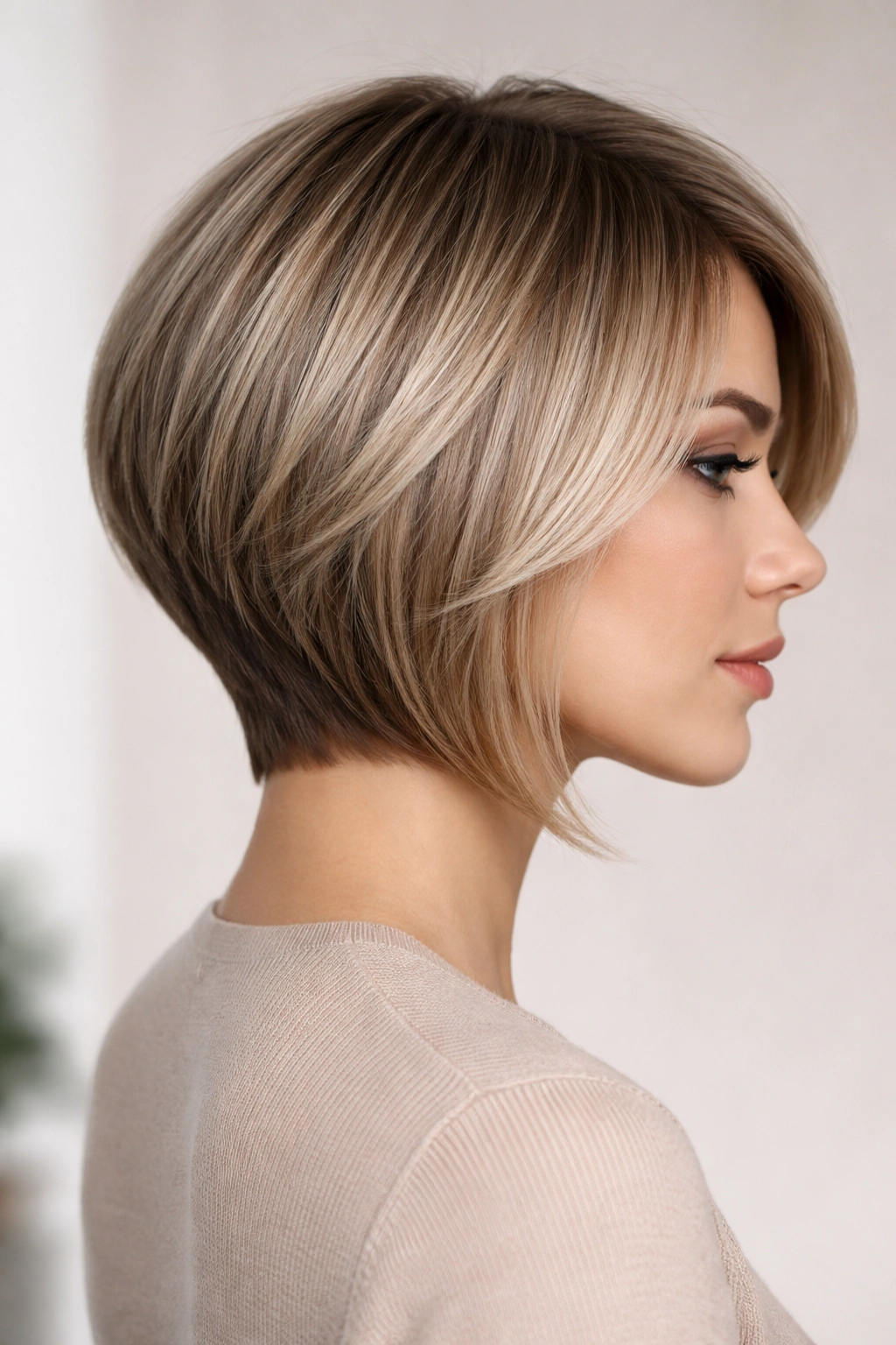 Side profile of a graduated bob with feathered layers