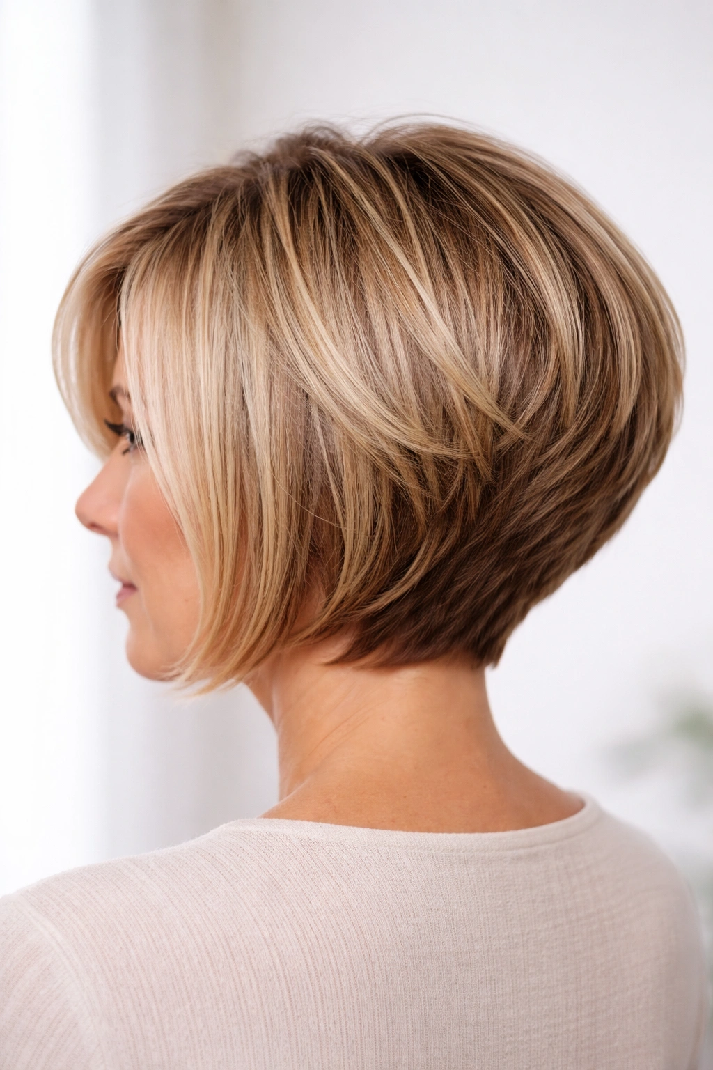 Graduated bob with stacked back layers and longer front