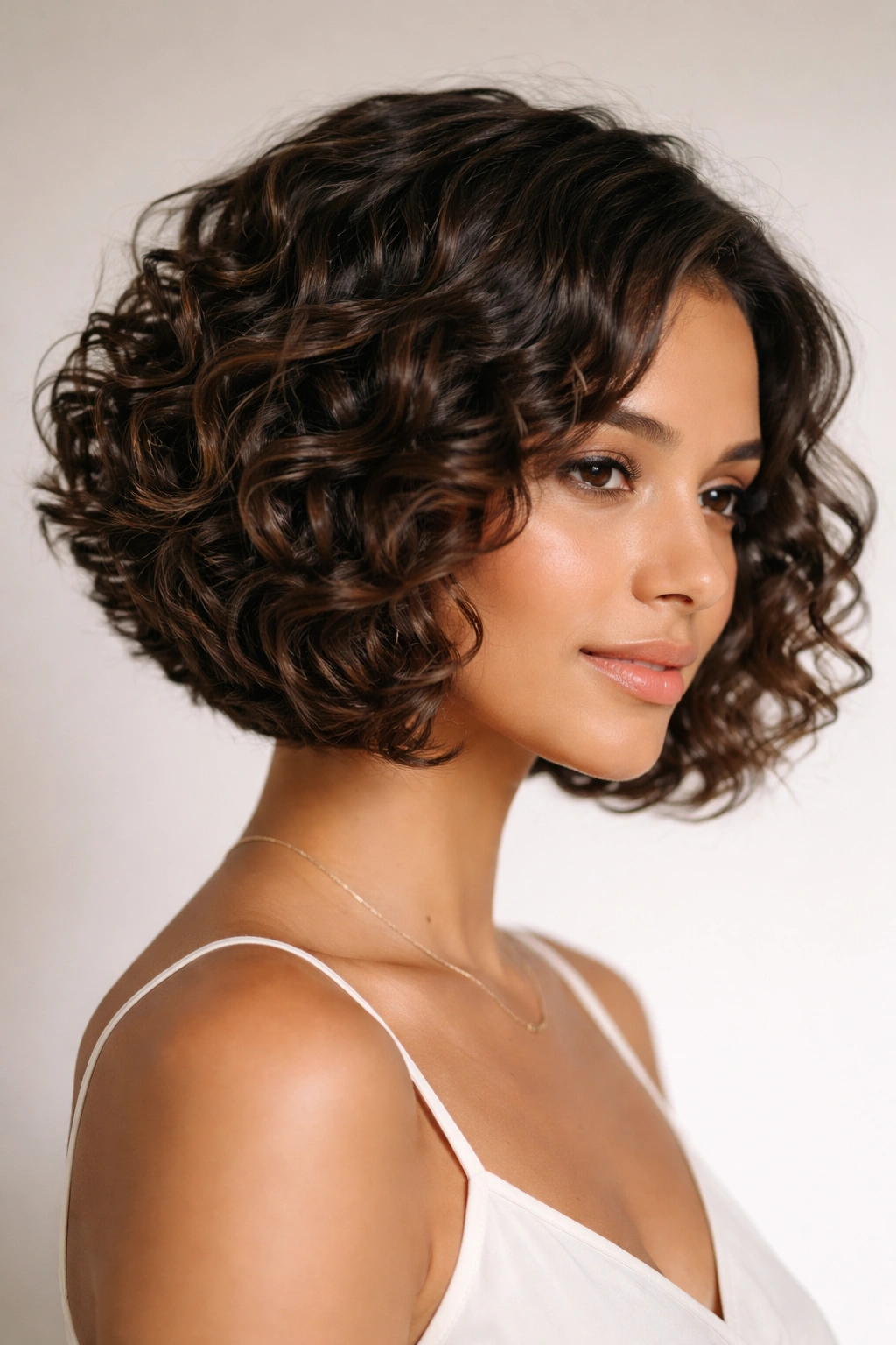 22 Curly Haircuts That Hold Their Shape All Day 13 Close-up of a curly-haired model in a hidden-layered graduated bob highlighting movement and shape