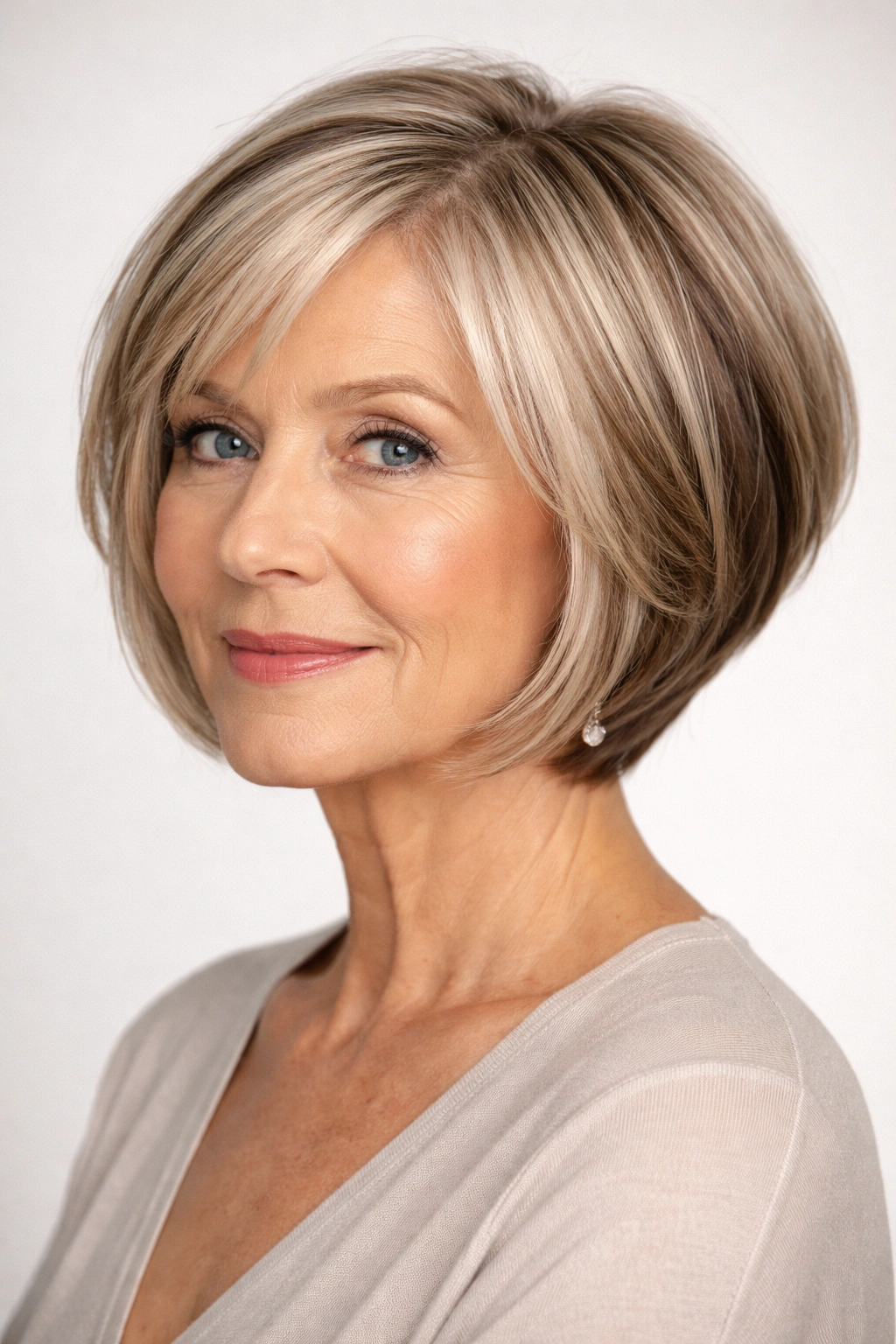 Chin-length graduated bob with lowlights on a fine-haired subject