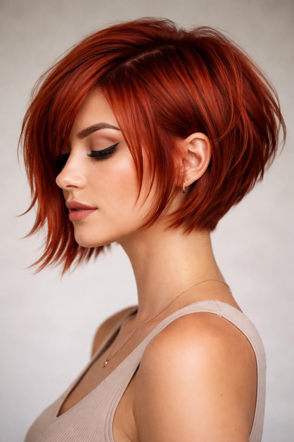 Portrait of red hair in a graduated bob with choppy texture showing shorter back and longer front.