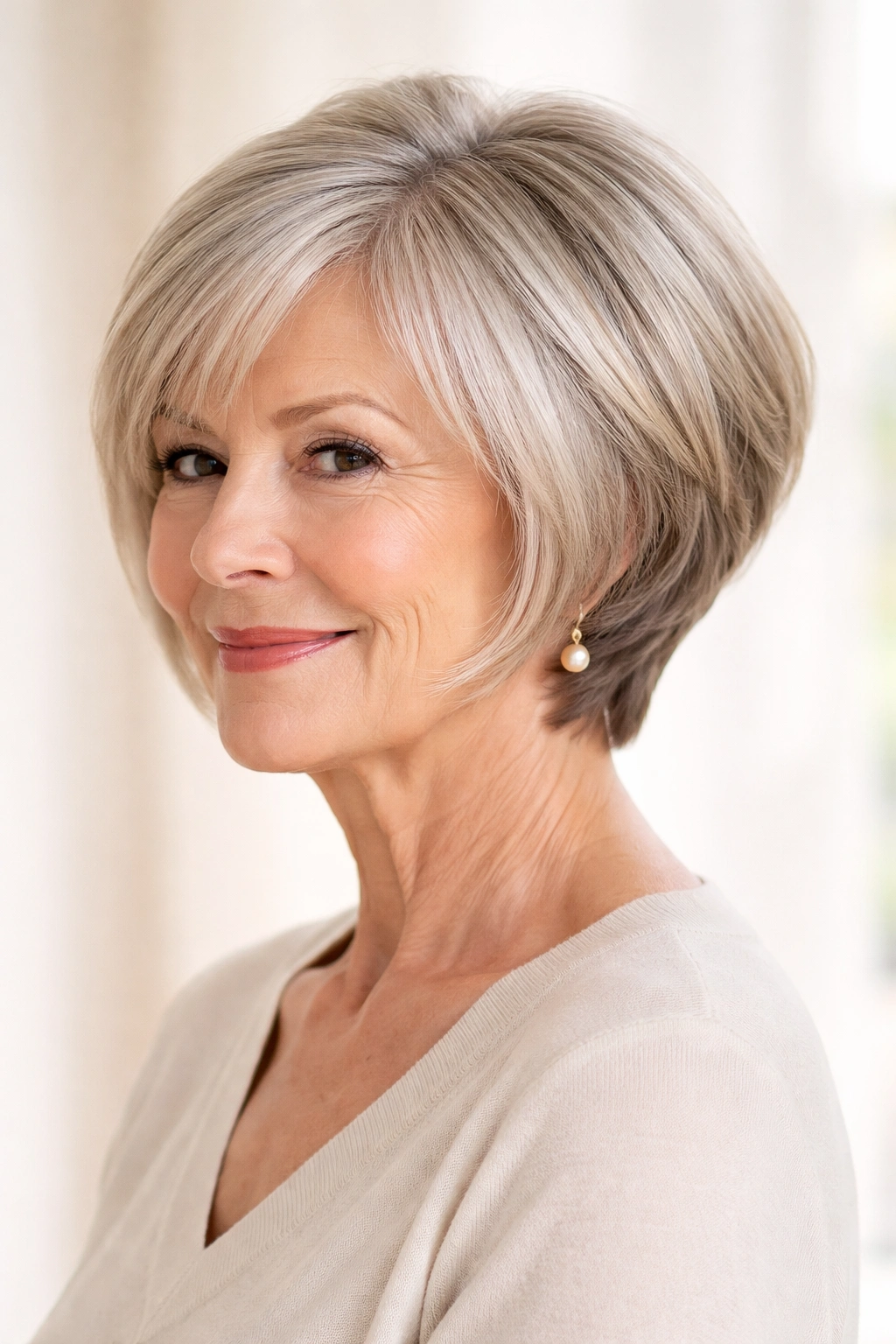 Mature woman with graduated bob showing longer front and shorter back, subtle color highlights