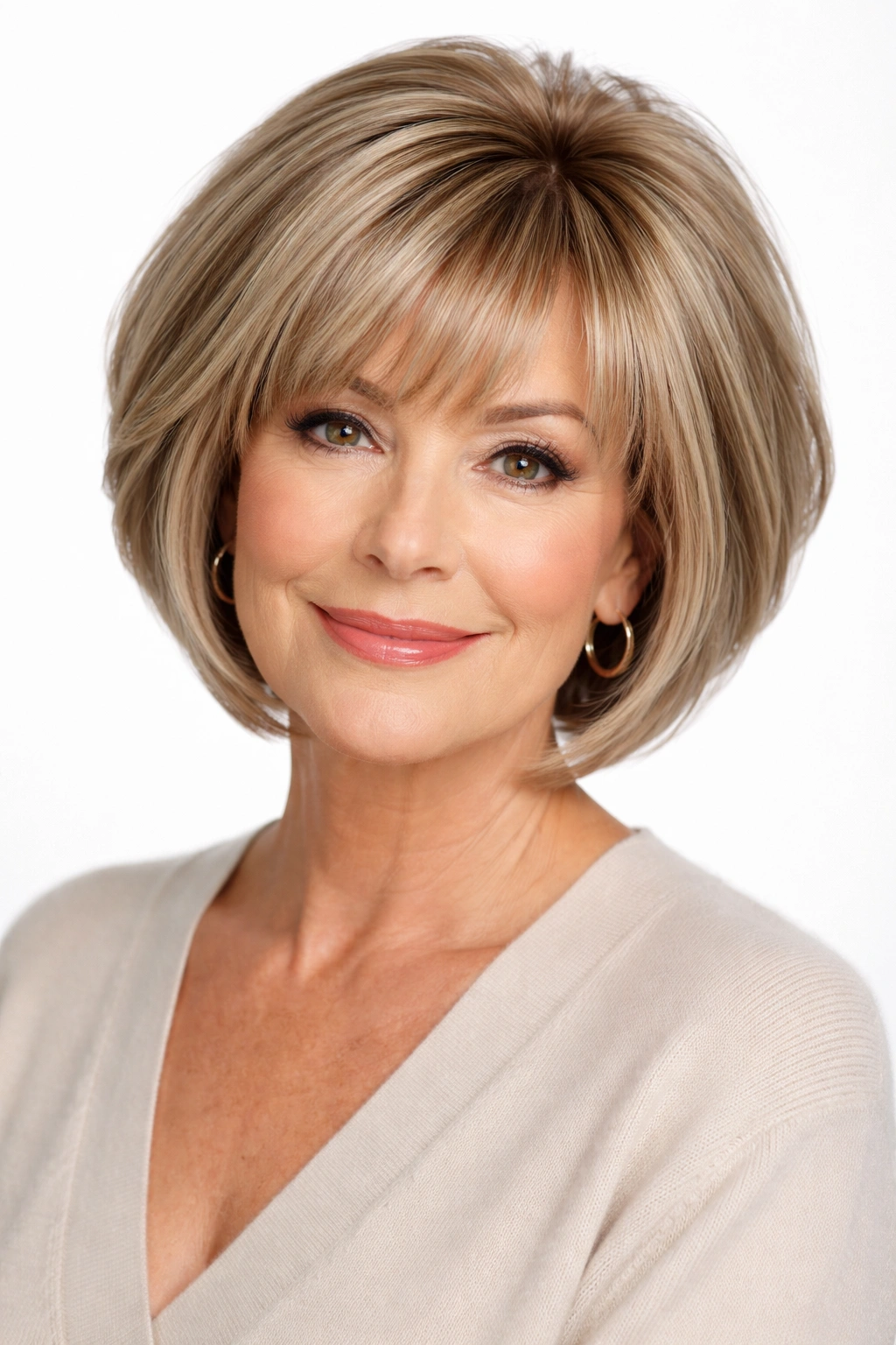Portrait of a woman with a graduated bob and bangs, creating crown volume.