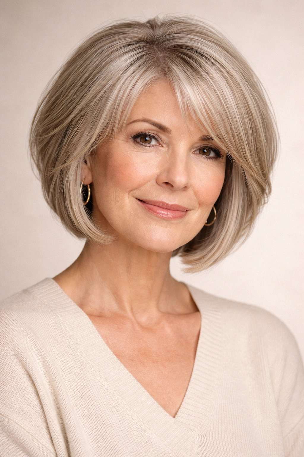 Close-up portrait of an older woman with a graduated bob and subtle bangs, highlighting face-framing layers