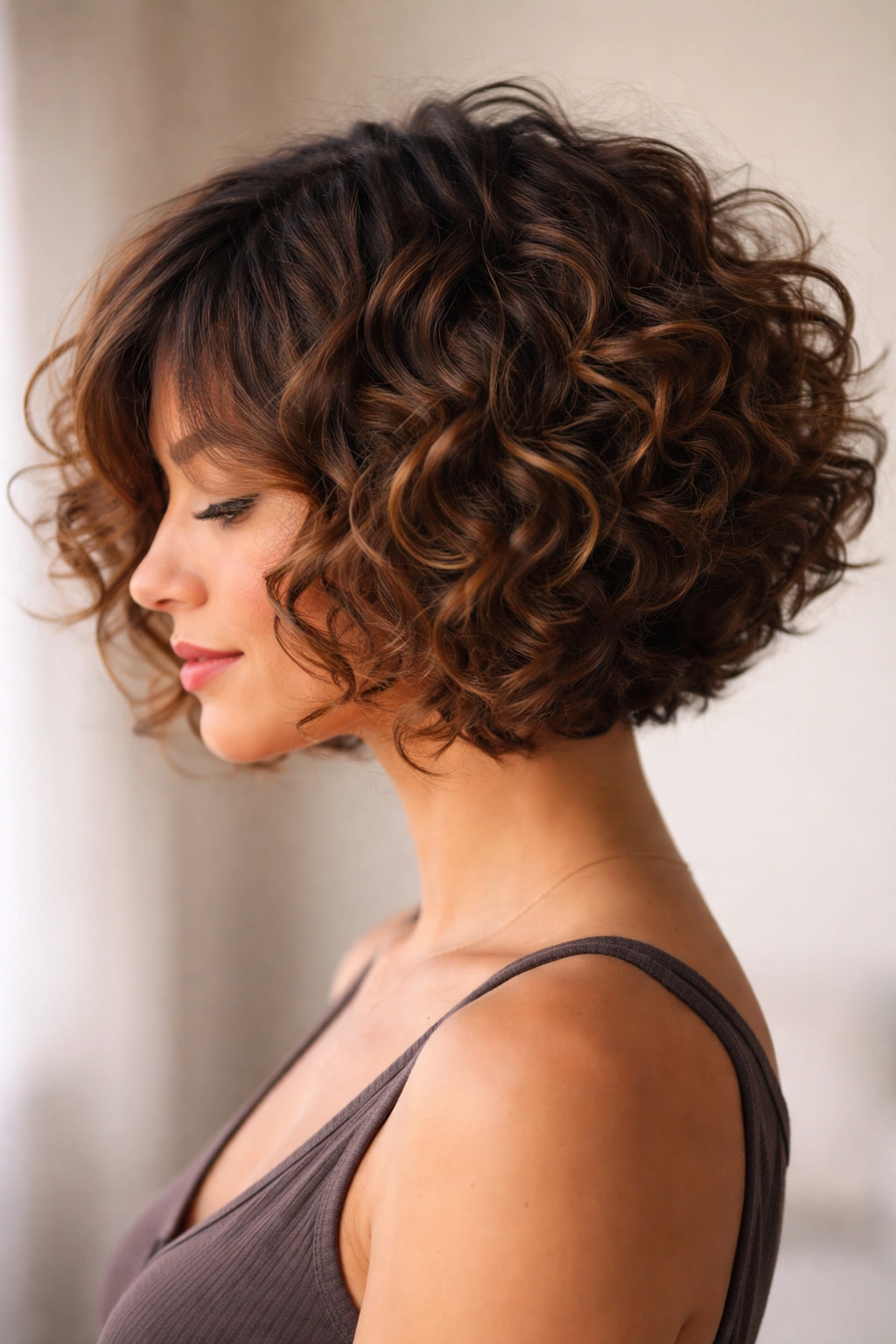 15 Curly Choppy Bobs With Volume And Bounce 13 Close-up of curly hair showing graduated choppy bob with front layers and longer back for volume