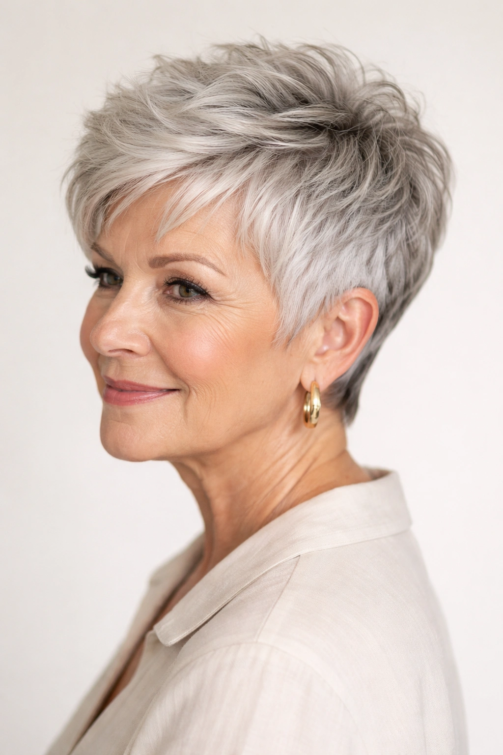 Graduated crop hairstyle with textured top for volume