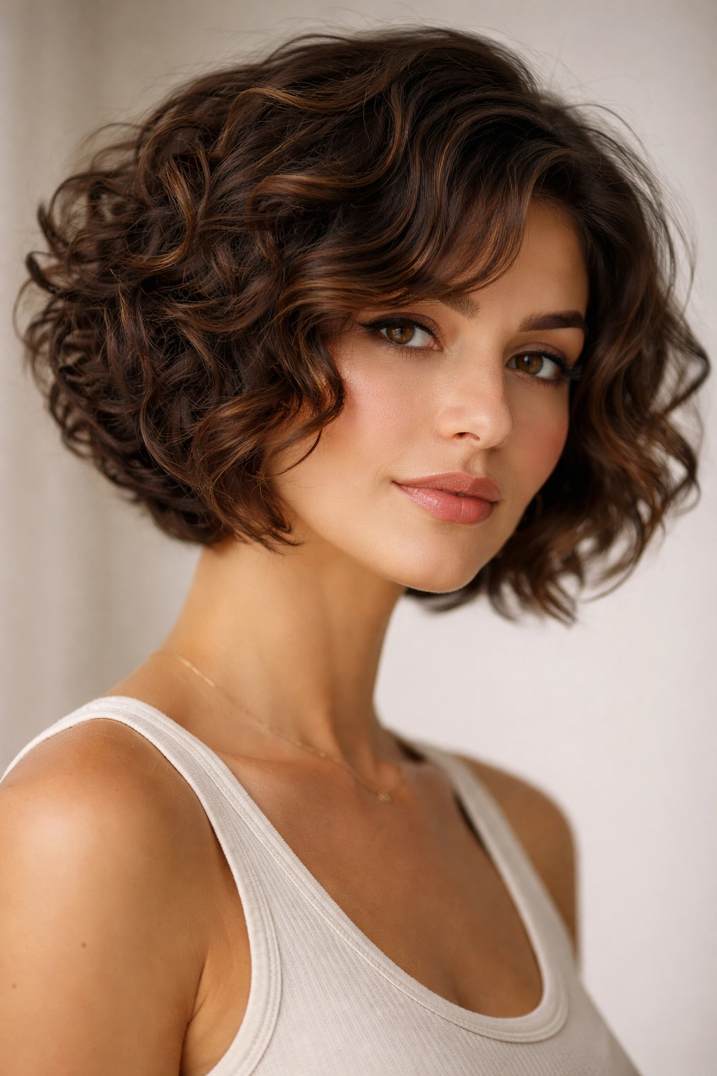 20 Short Curly Haircuts To Try Today 15 Portrait of a person with a graduated curl bob showing back-to-front length variation.