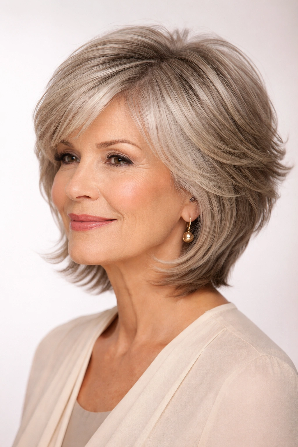 Mature woman sporting a graduated feathered bob with back-to-front length.