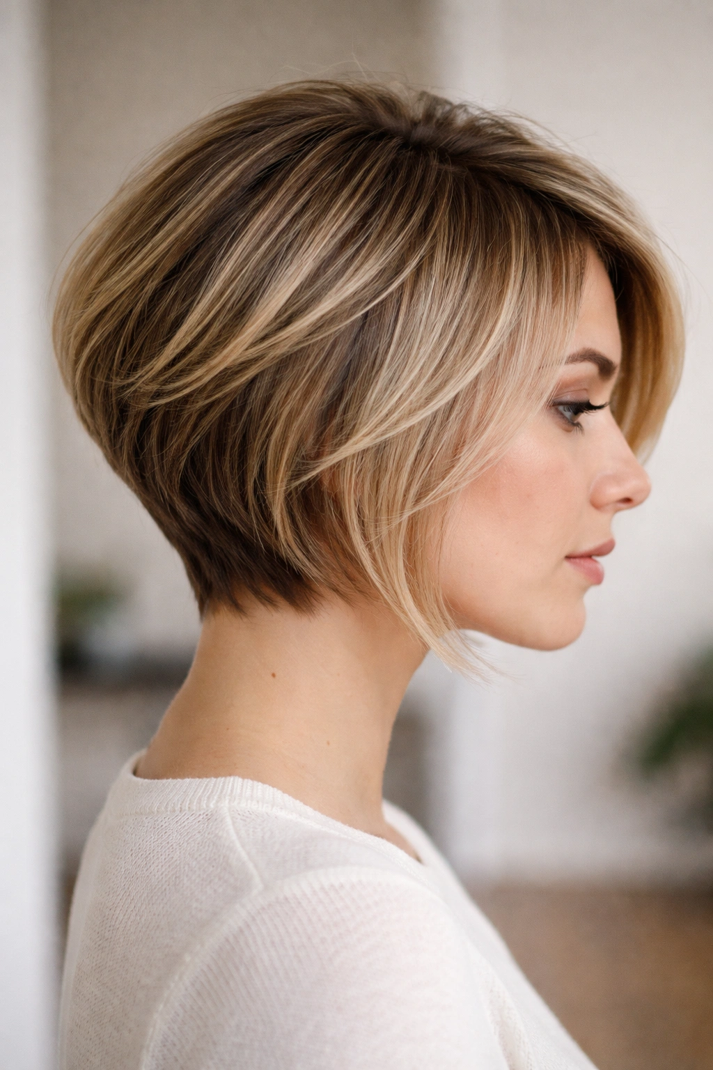 15 Layered Bob Haircuts For Thin And Thick Hair 7 Graduated layered bob with shorter back and longer front, side-profile portrait