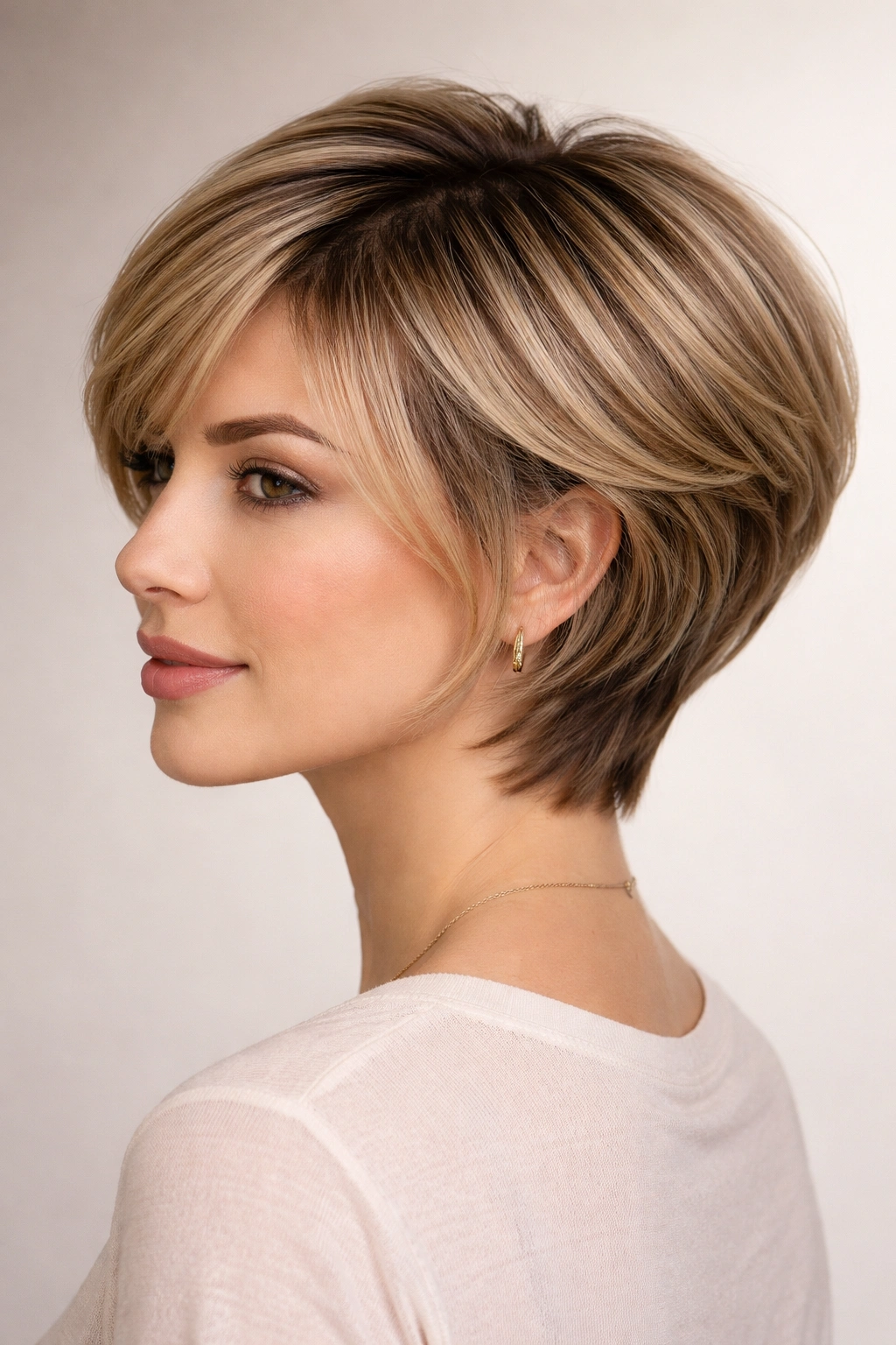 Mid-length hair with subtle graduated layers and crown lift
