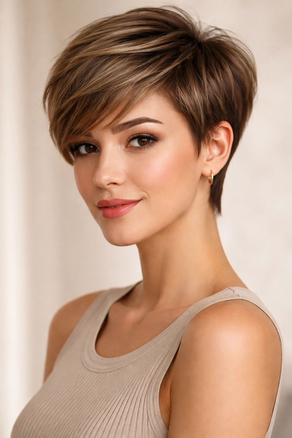 Portrait of a graduated pixie with a longer top and tapered back
