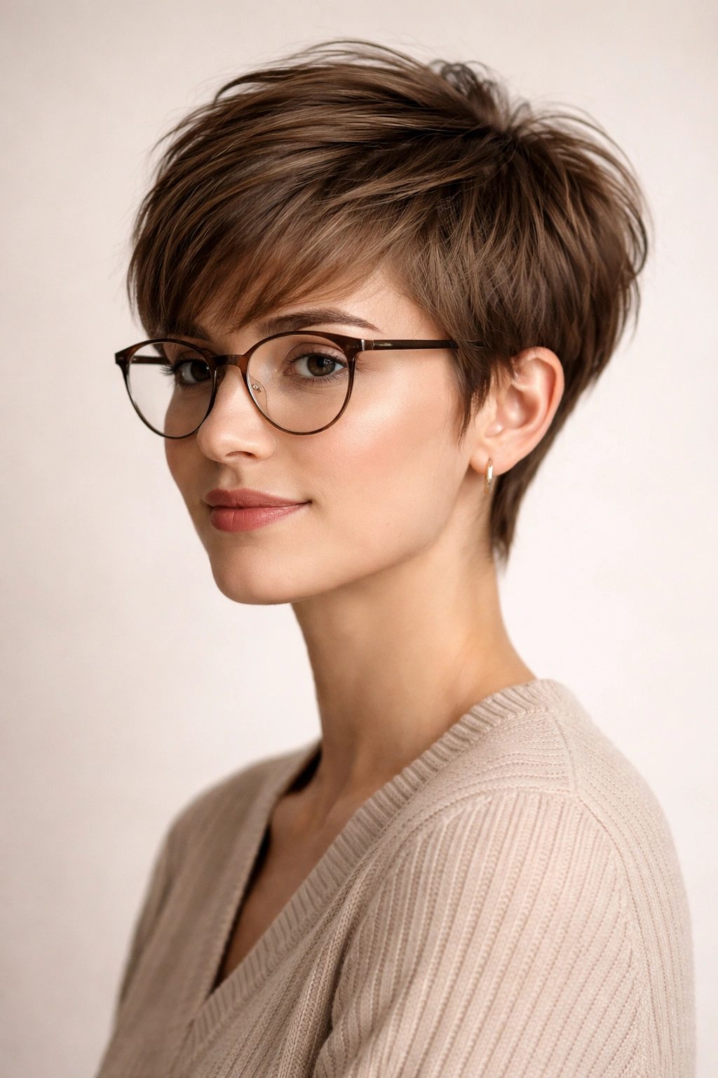 Graduated pixie with soft fringe and glasses