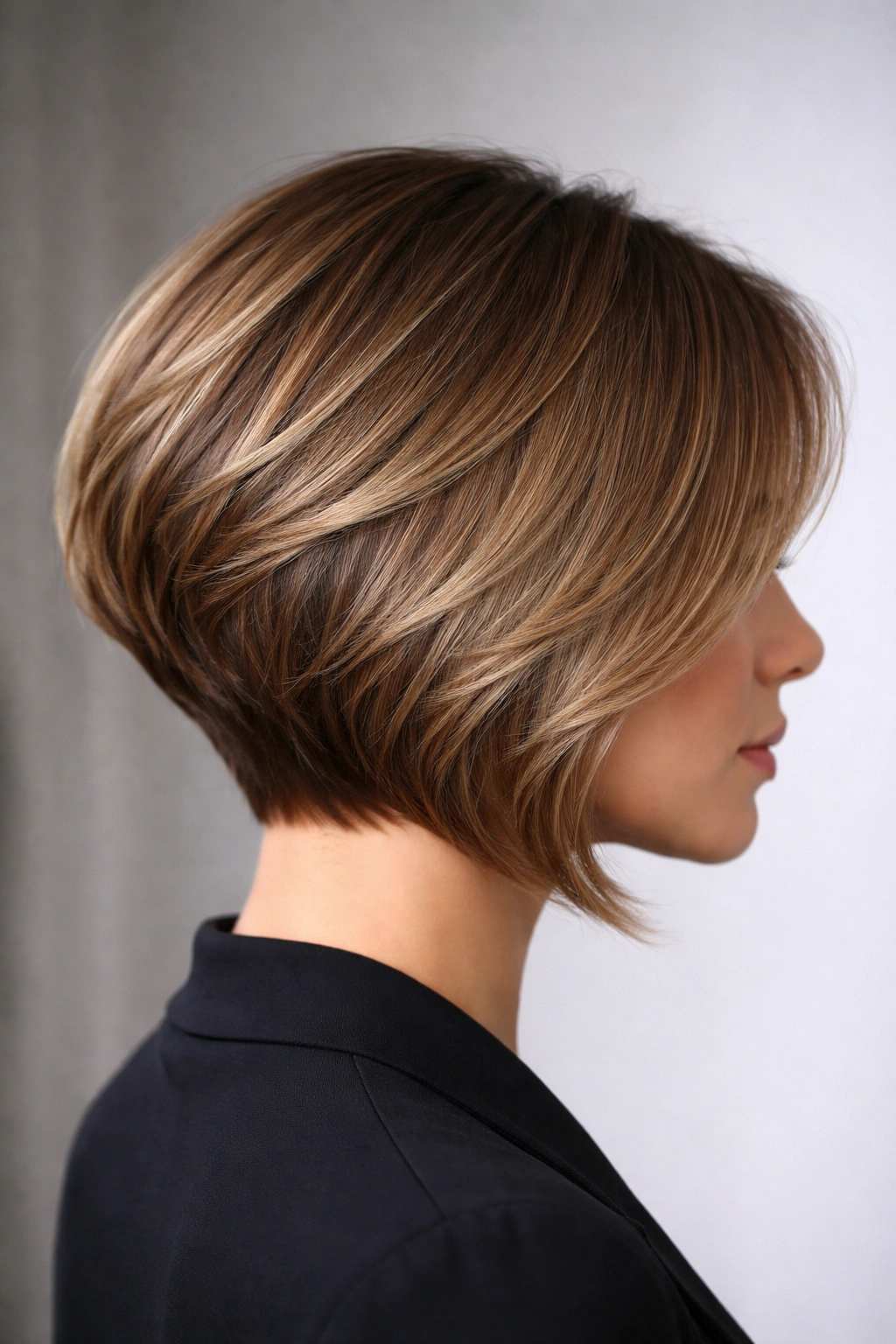 15 Stacked Bob Cuts For Thick And Fine Hair 14 Side profile of a graduated stacked bob with subtle underlayer
