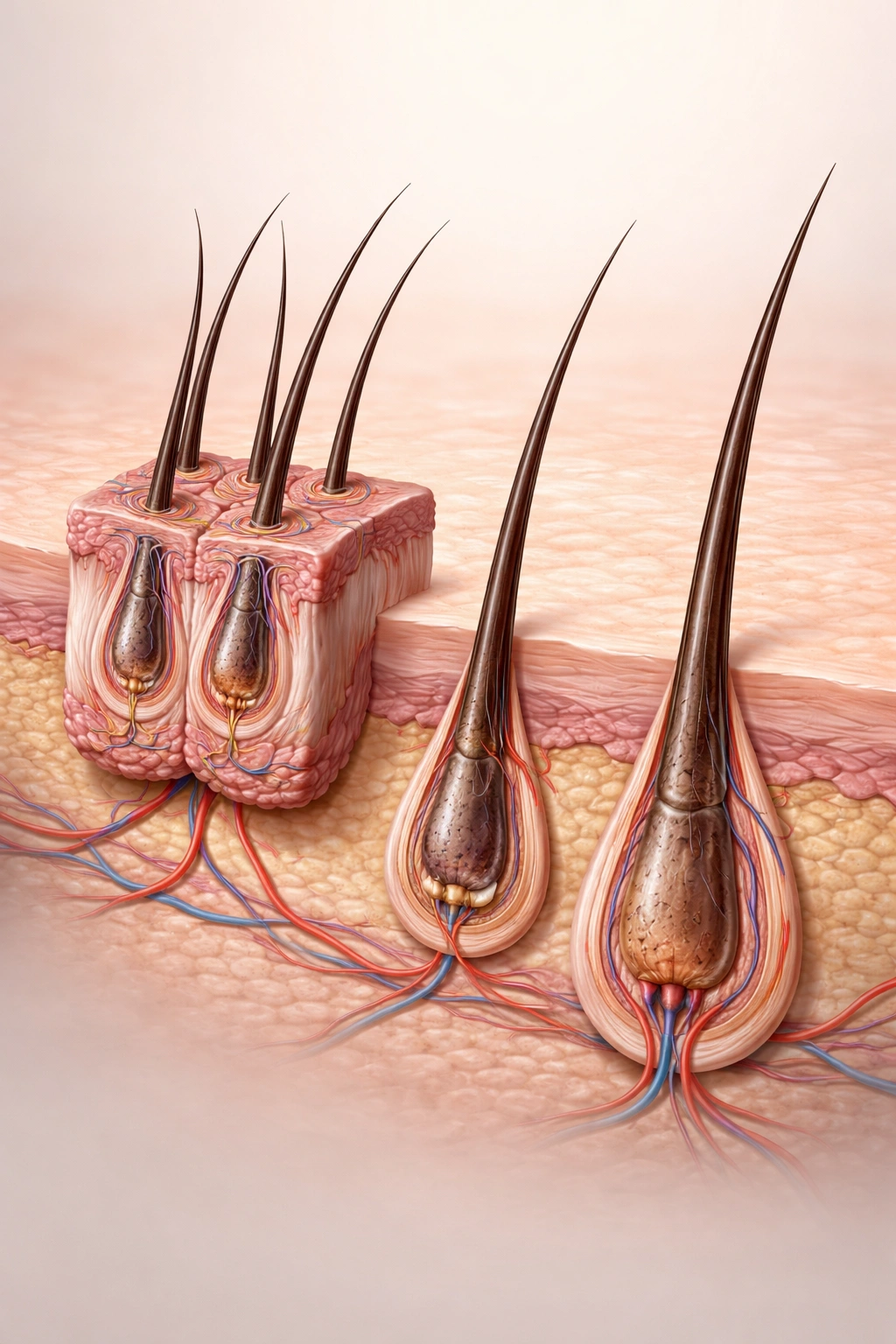 Cross-section of scalp showing graft, follicle, and root structures