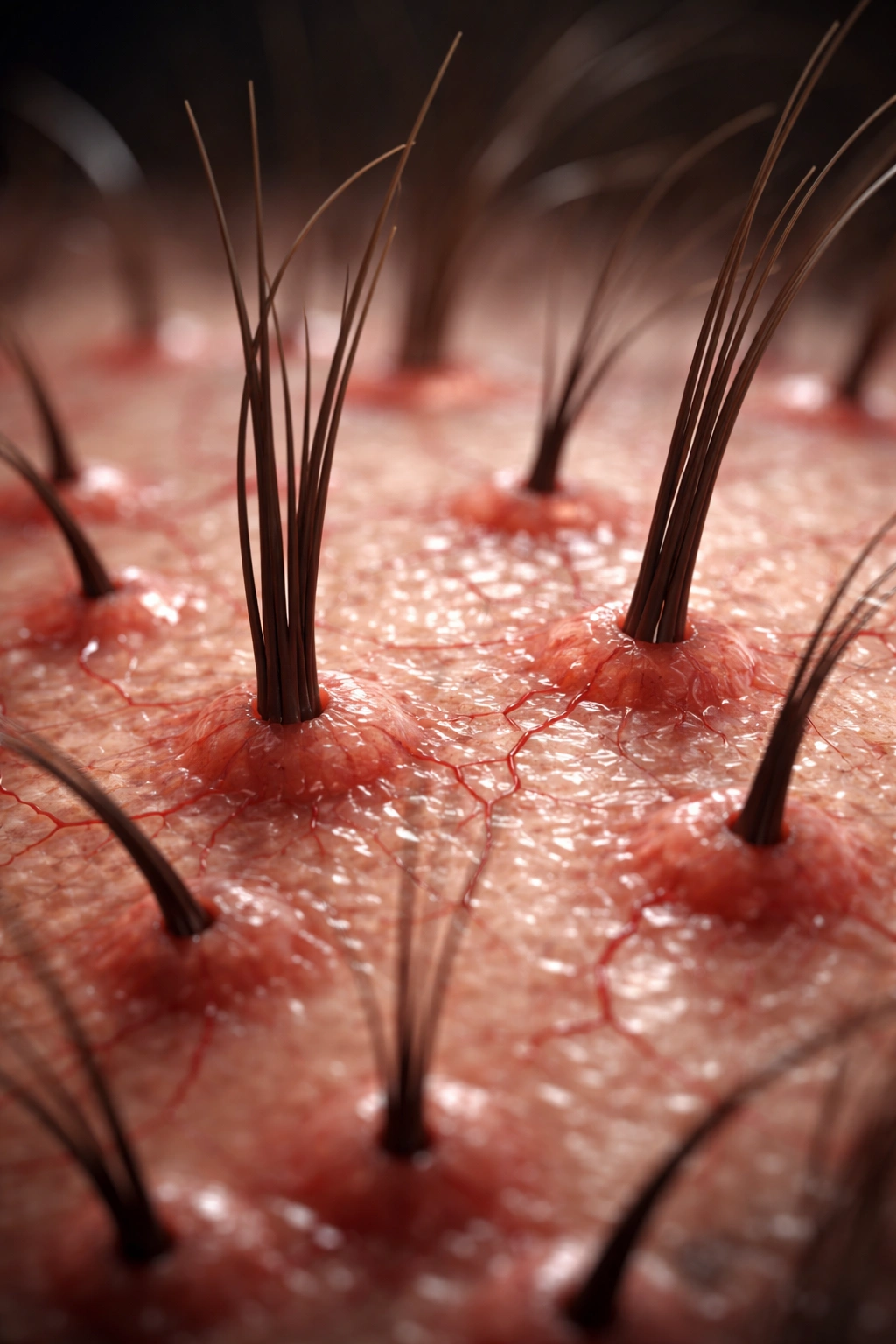 Transplanted hair graft with growing hair and surrounding vessels