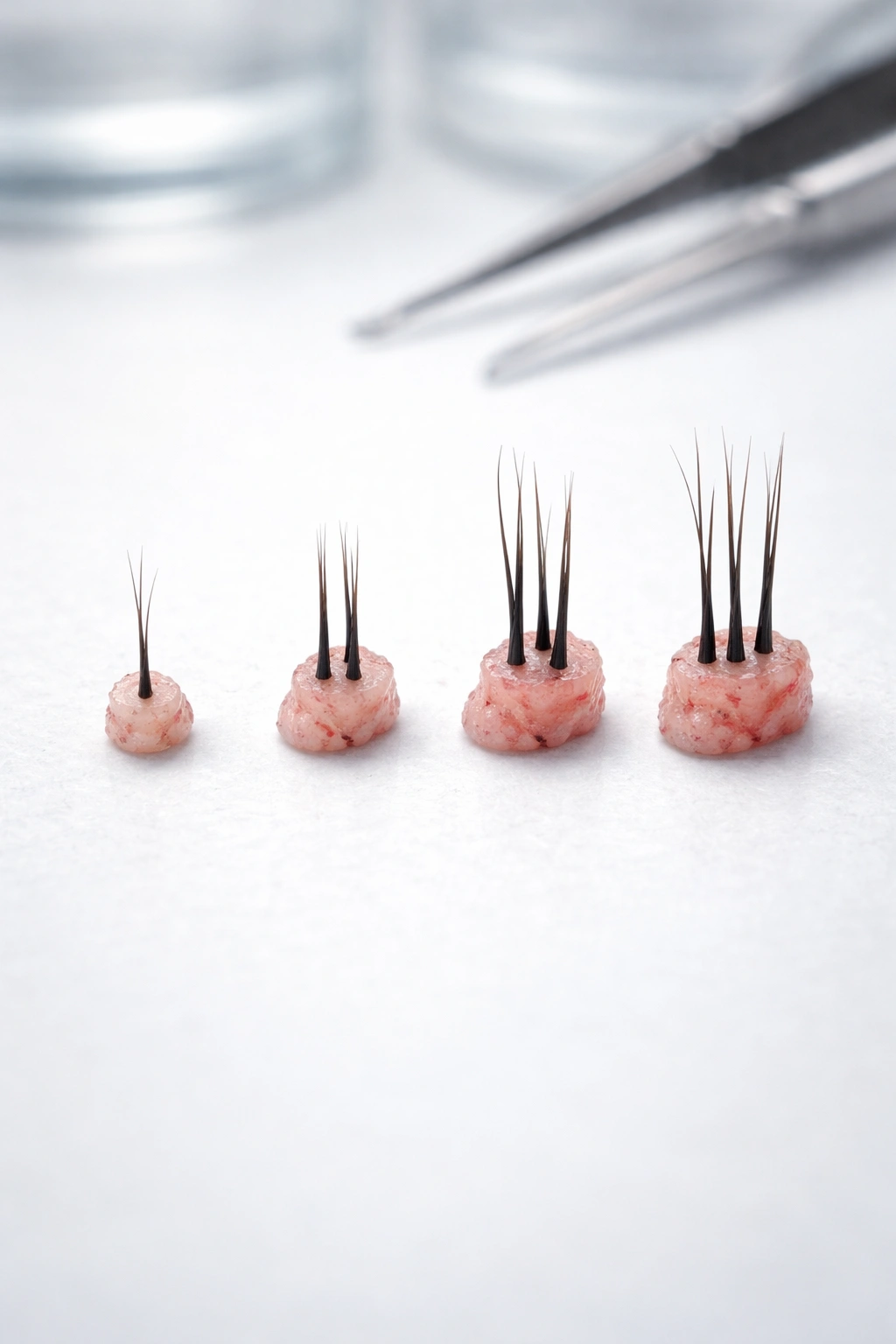 Four hair grafts showing different follicle counts (1-4) on a lab surface